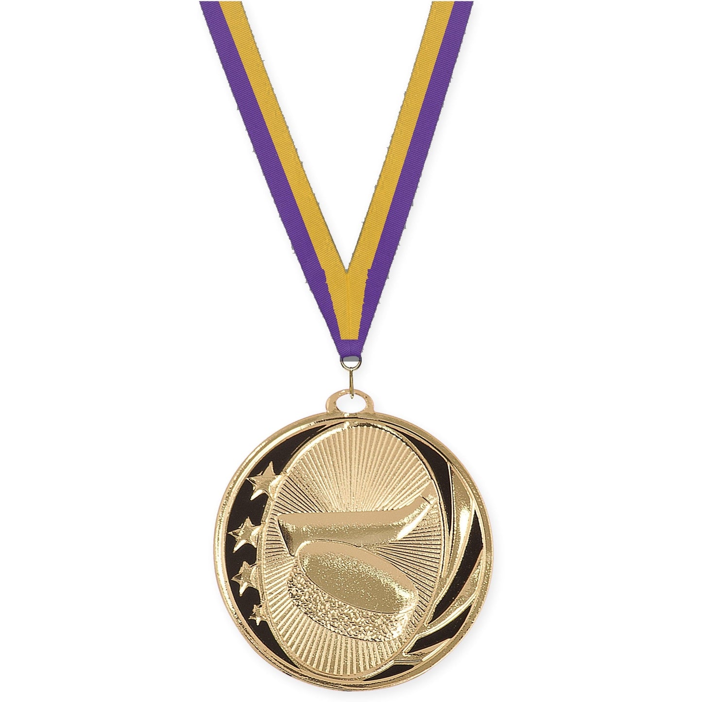 2 inch hockey MidNite Star medal in bright gold with Purple Gold neck ribbon
