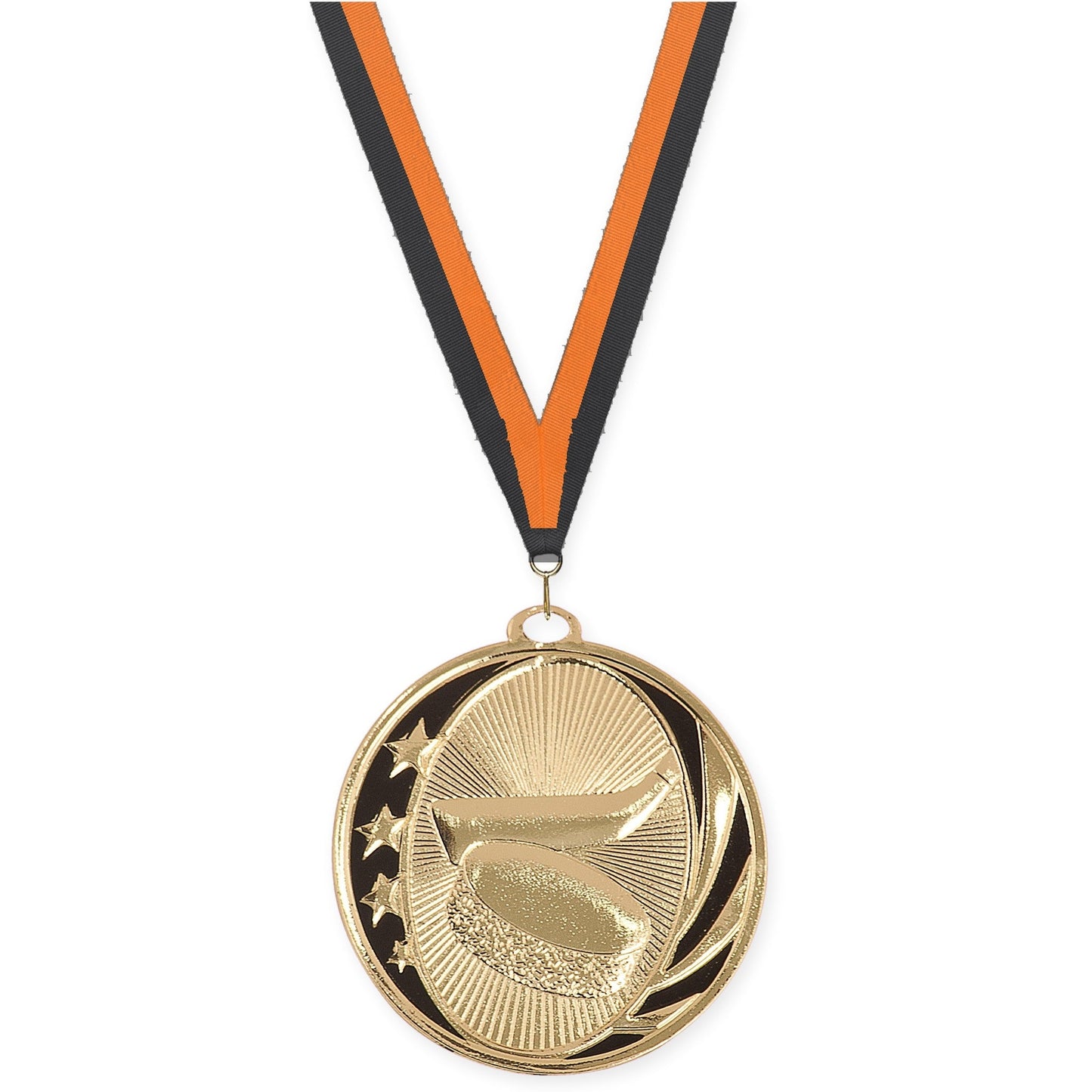 2 inch hockey MidNite Star medal in bright gold with Black Orange neck ribbon