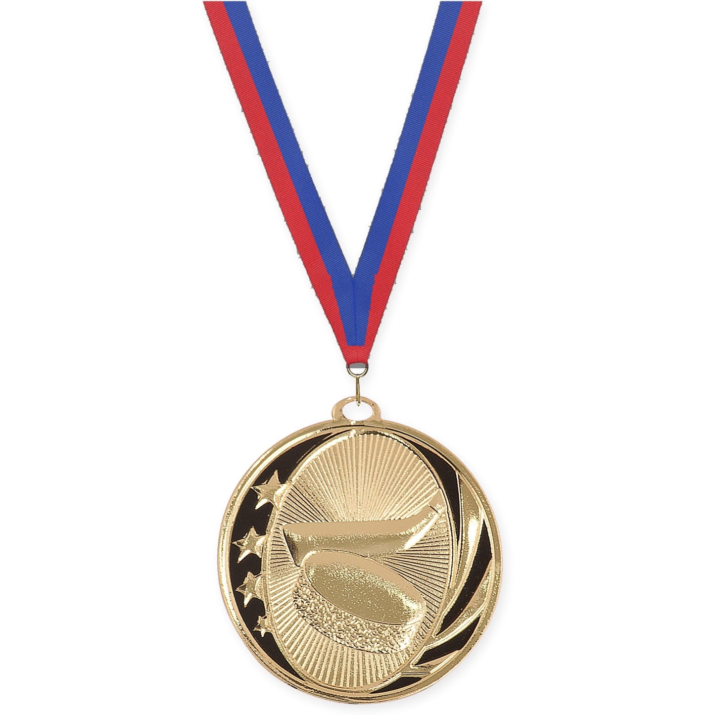 2 inch hockey MidNite Star medal in bright gold with Blue Red neck ribbon