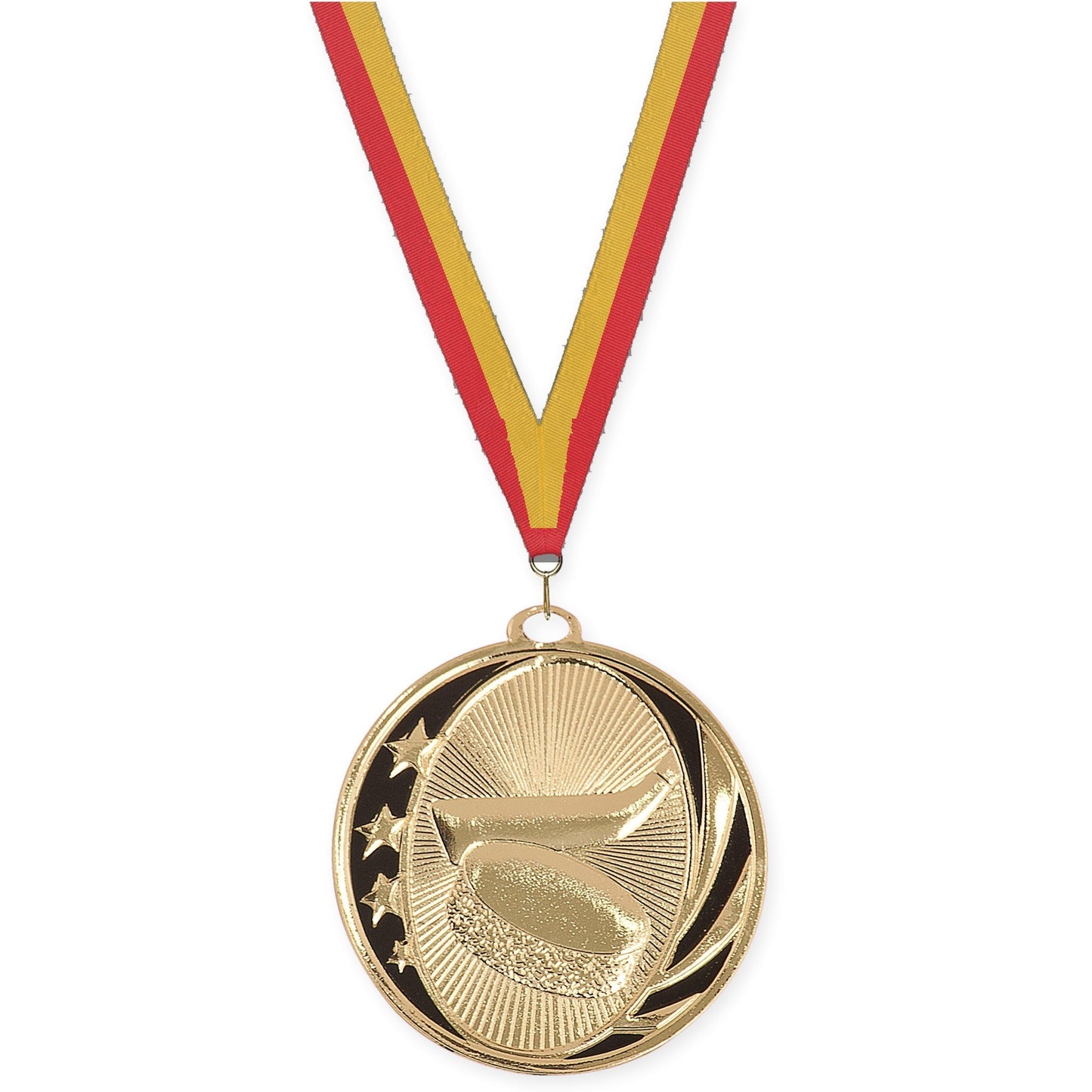 2 inch hockey MidNite Star medal in bright gold with Red Gold neck ribbon
