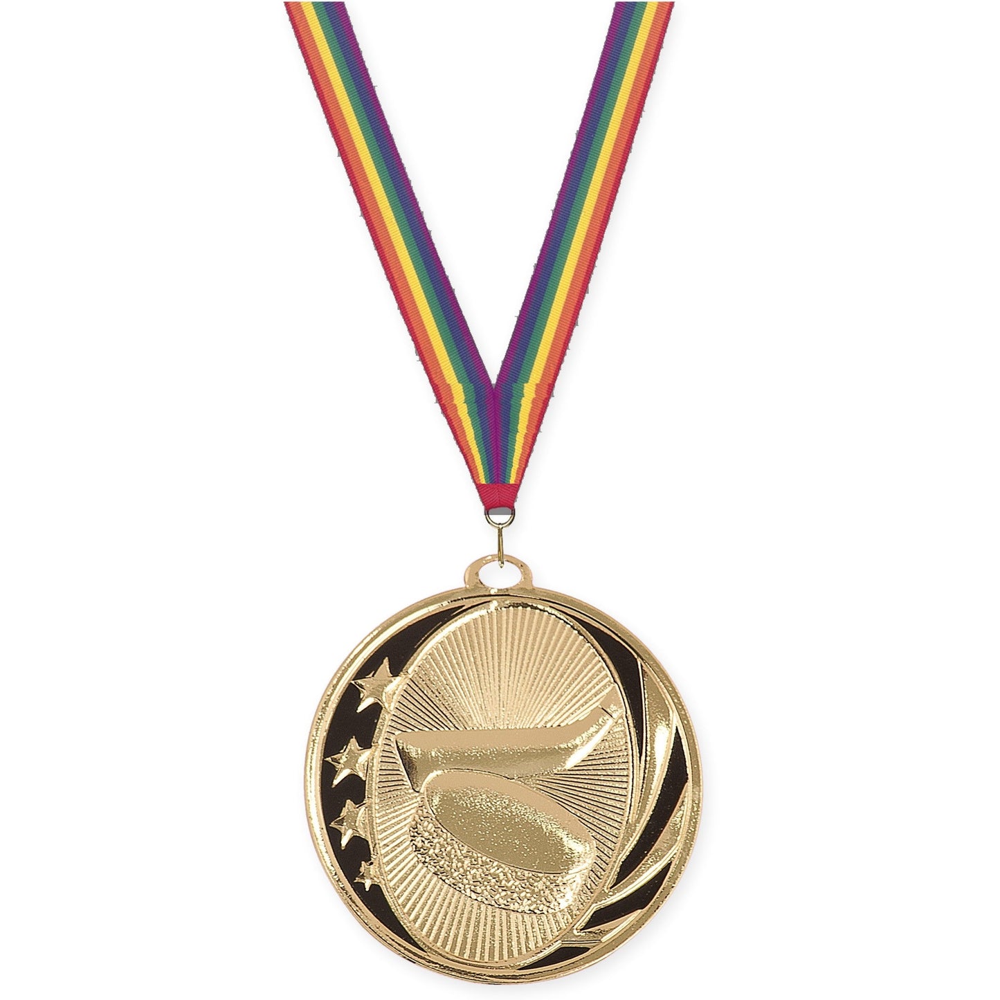 2 inch hockey MidNite Star medal in bright gold with Rainbow neck ribbon