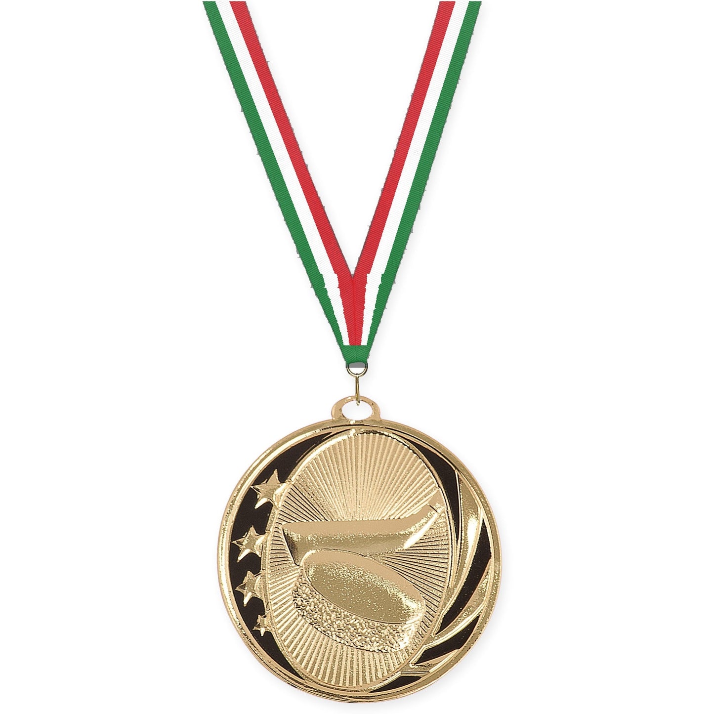 2 inch hockey MidNite Star medal in bright gold with Green White Red neck ribbon