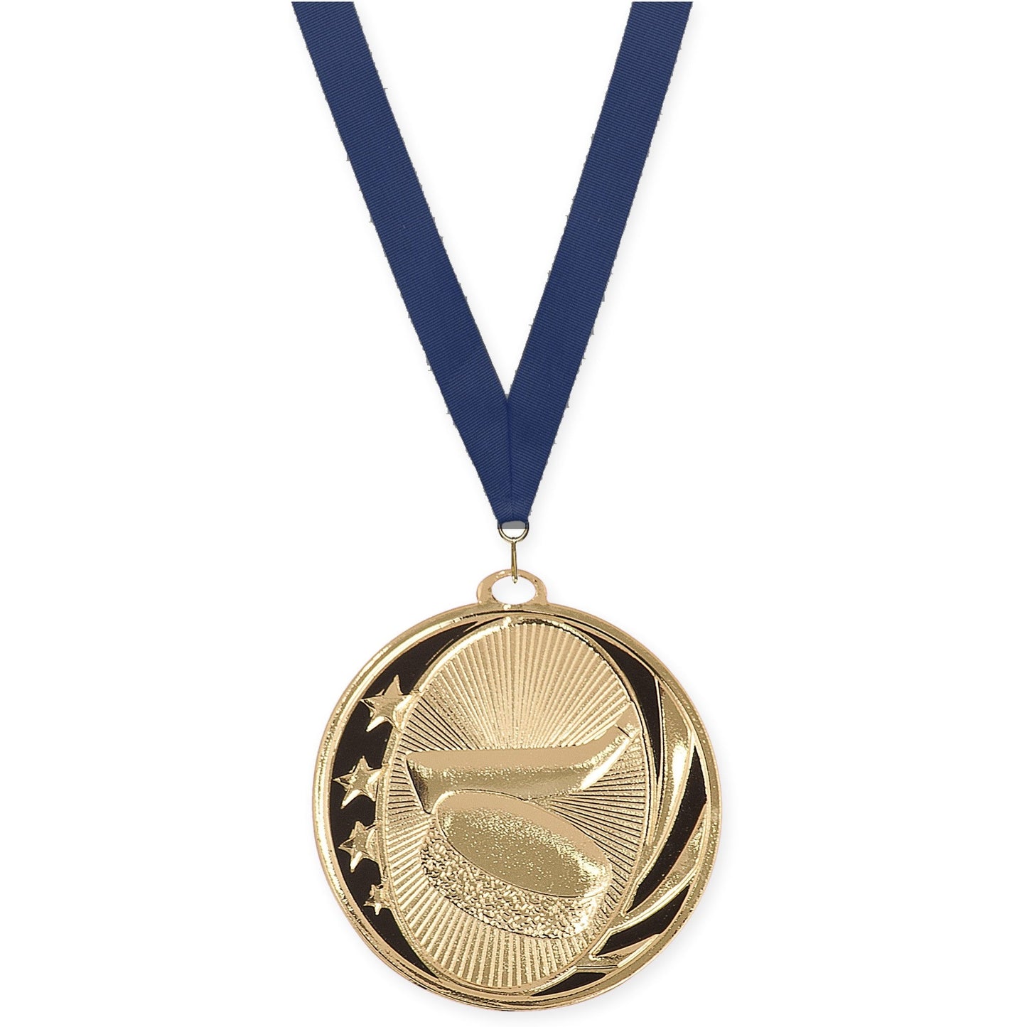 2 inch hockey MidNite Star medal in bright gold with Navy neck ribbon