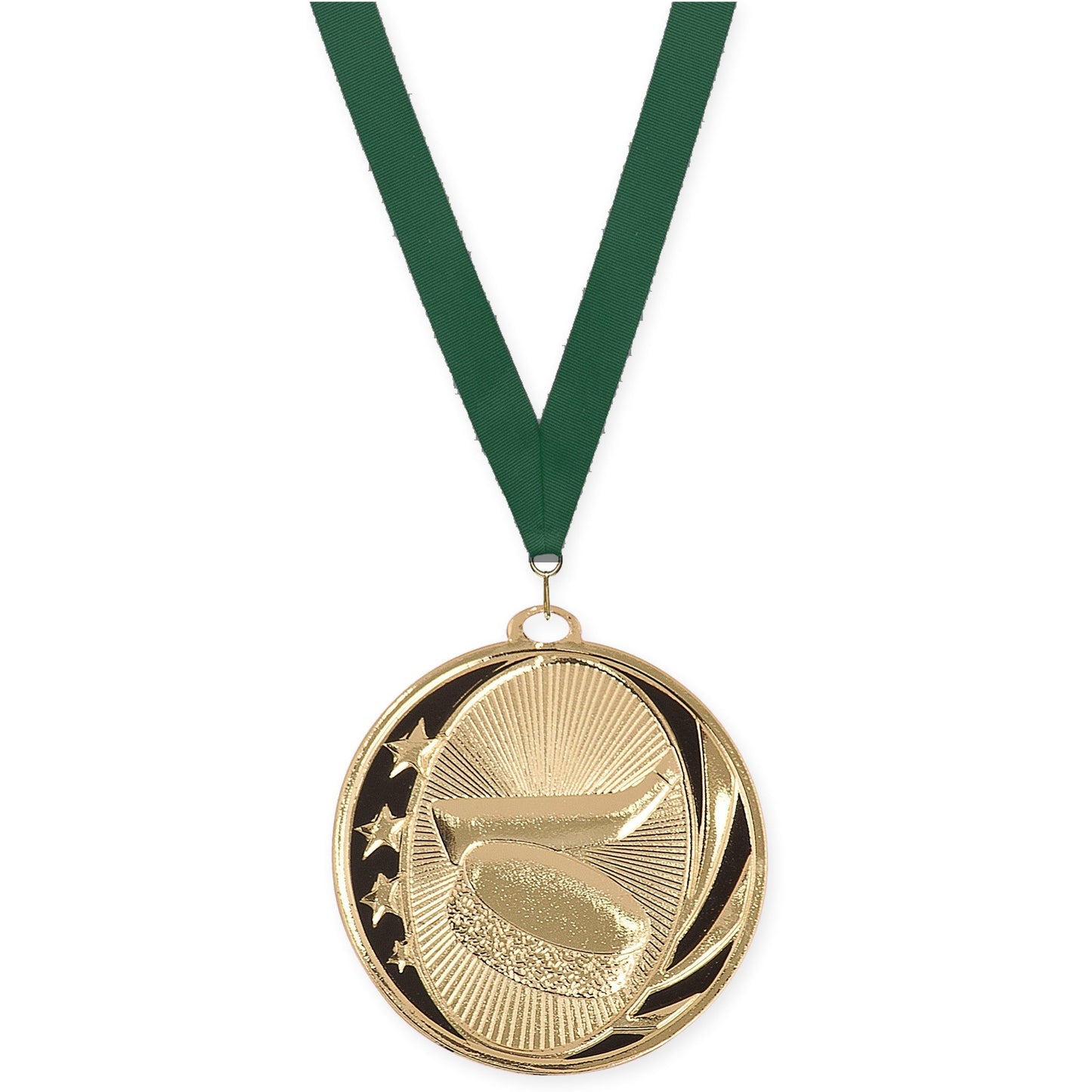 2 inch hockey MidNite Star medal in bright gold with Hunter Green neck ribbon