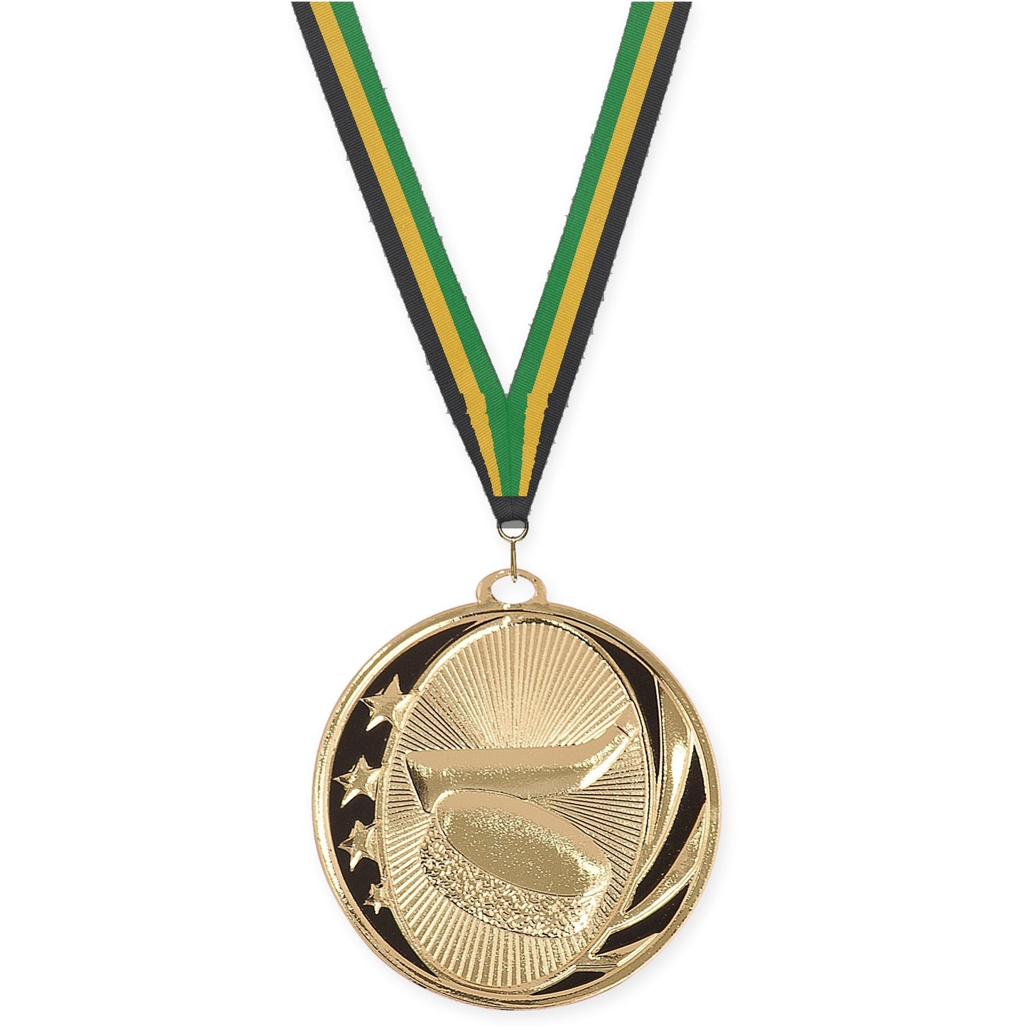 2 inch hockey MidNite Star medal in bright gold with Black Gold Green neck ribbon