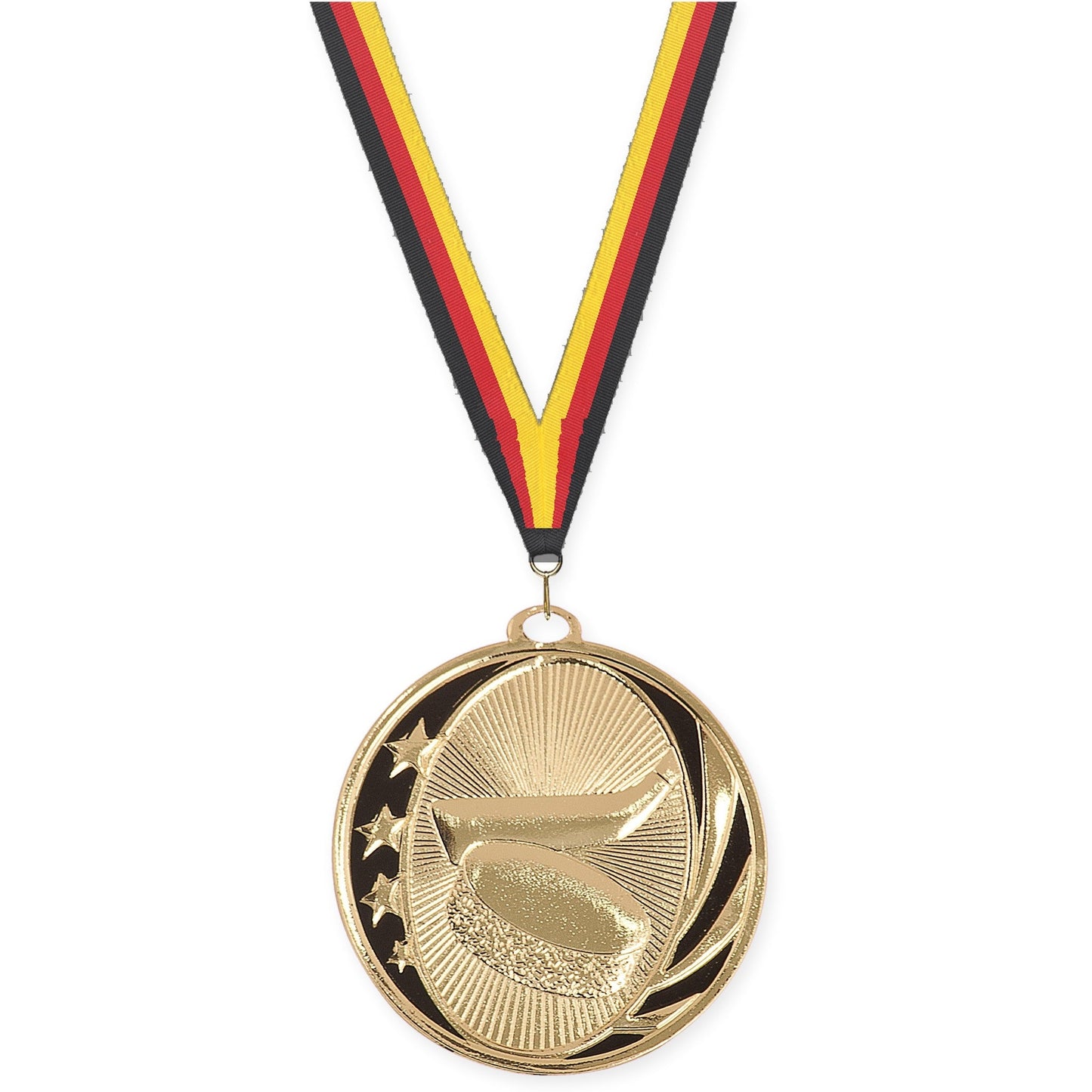 2 inch hockey MidNite Star medal in bright gold with Black Red Yellow neck ribbon