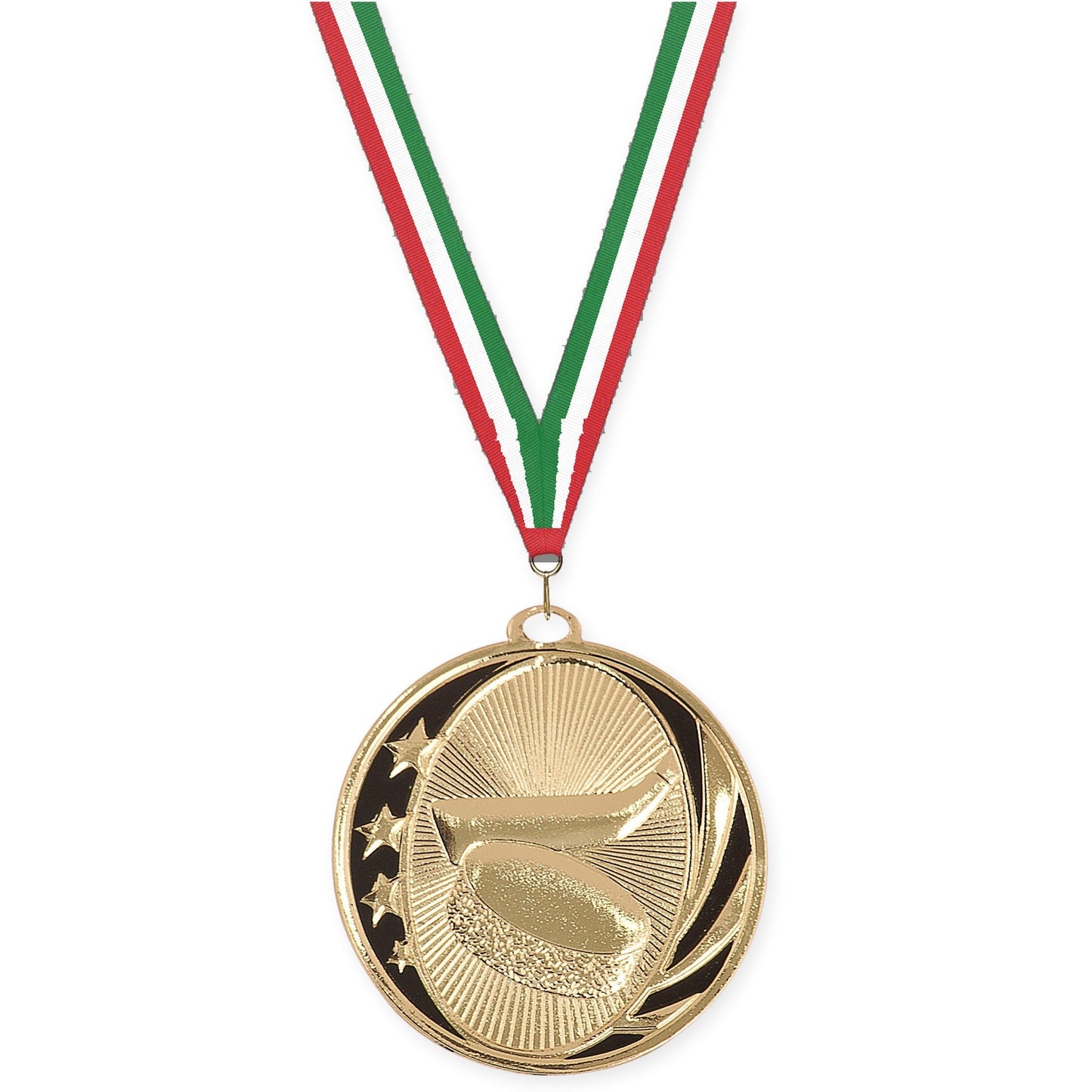 2 inch hockey MidNite Star medal in bright gold with Red White Green neck ribbon