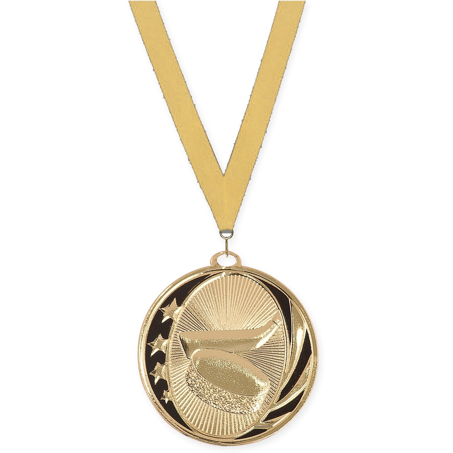 2 inch hockey MidNite Star medal in bright gold with Gold Metallic neck ribbon