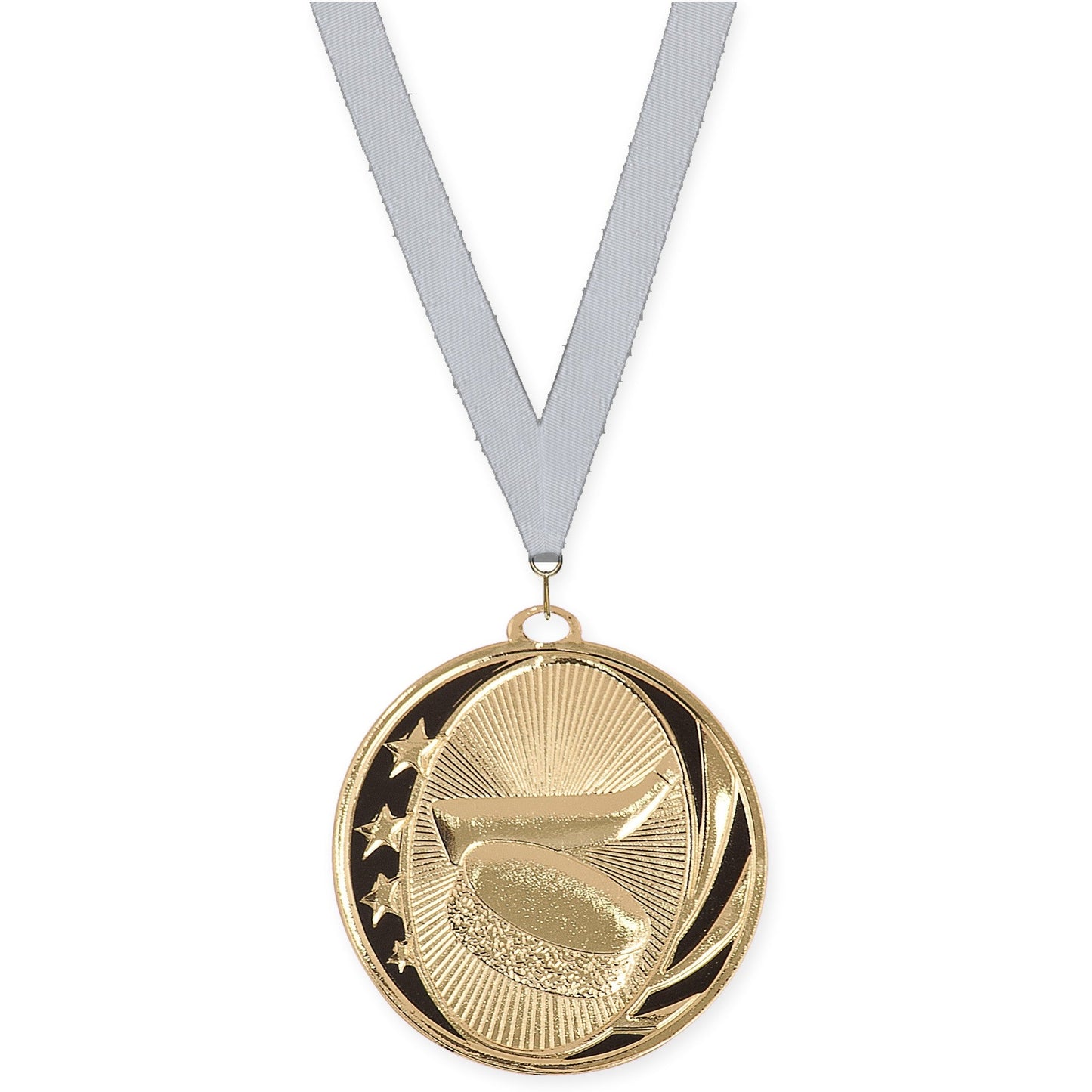 2 inch hockey MidNite Star medal in bright gold with Silver Metallic neck ribbon