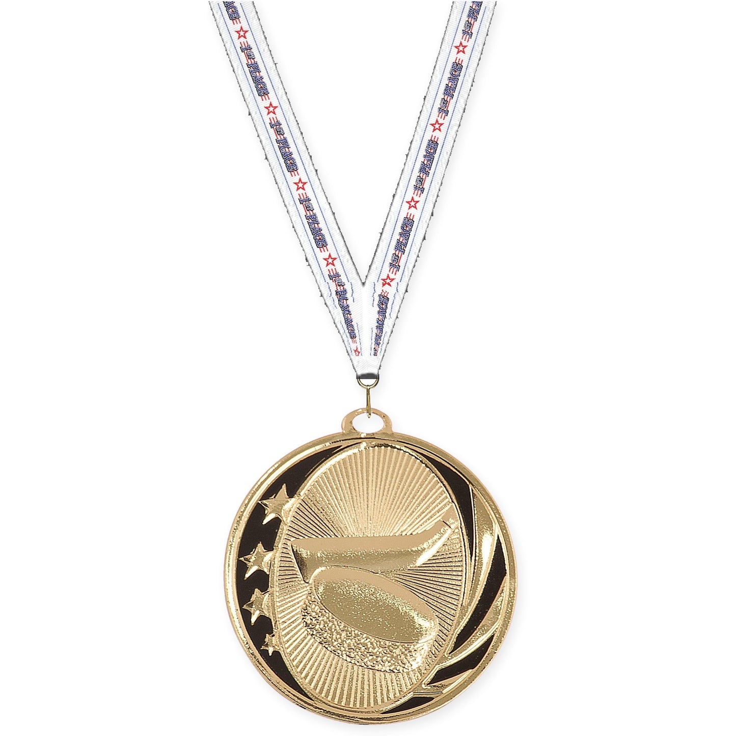 2 inch hockey MidNite Star medal in bright gold with 1st Place neck ribbon