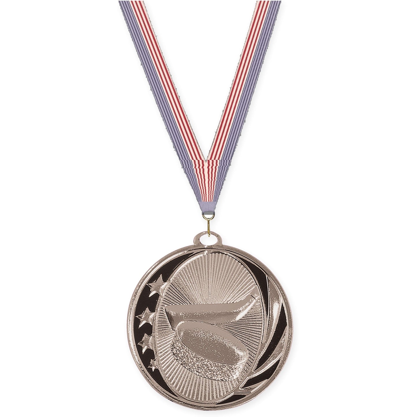 2 inch hockey MidNite Star medal in bright silver with USA Flag neck ribbon