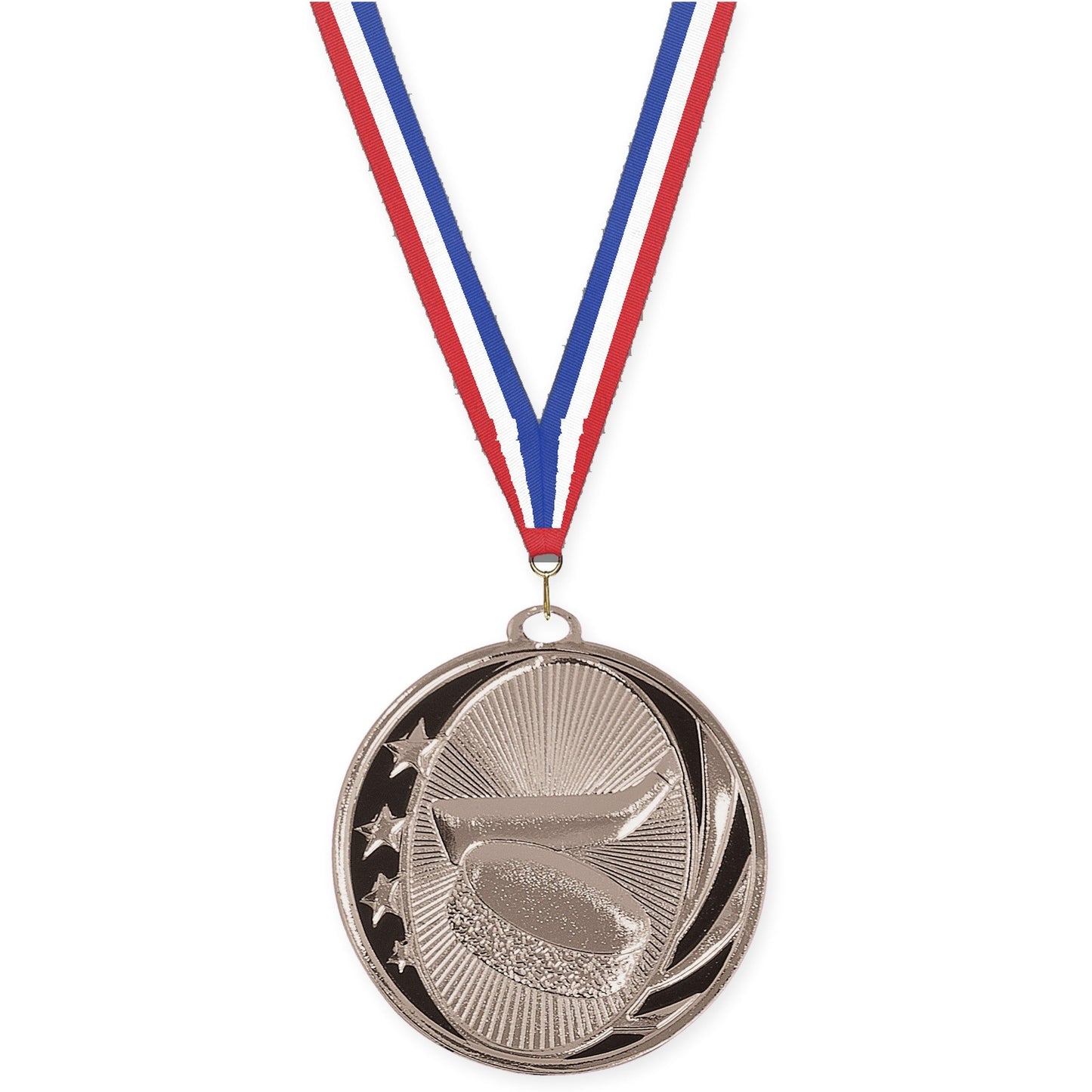 2 inch hockey MidNite Star medal in bright silver with Red White Blue neck ribbon