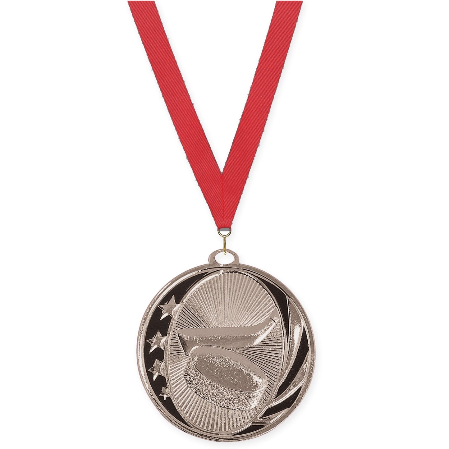 2 inch hockey MidNite Star medal in bright silver with Red neck ribbon