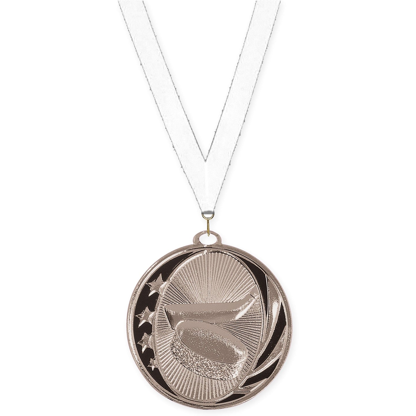 2 inch hockey MidNite Star medal in bright silver with White neck ribbon
