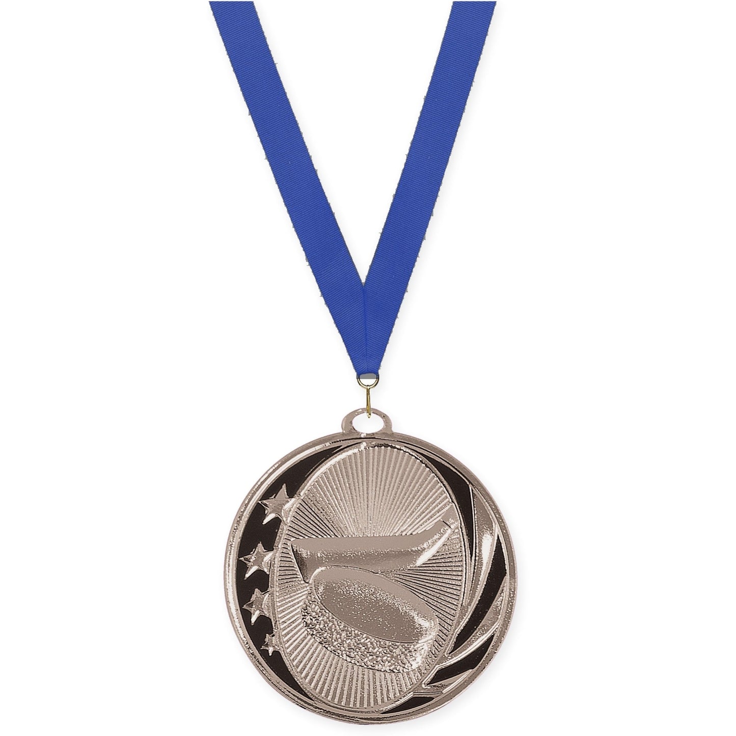 2 inch hockey MidNite Star medal in bright silver with Blue neck ribbon