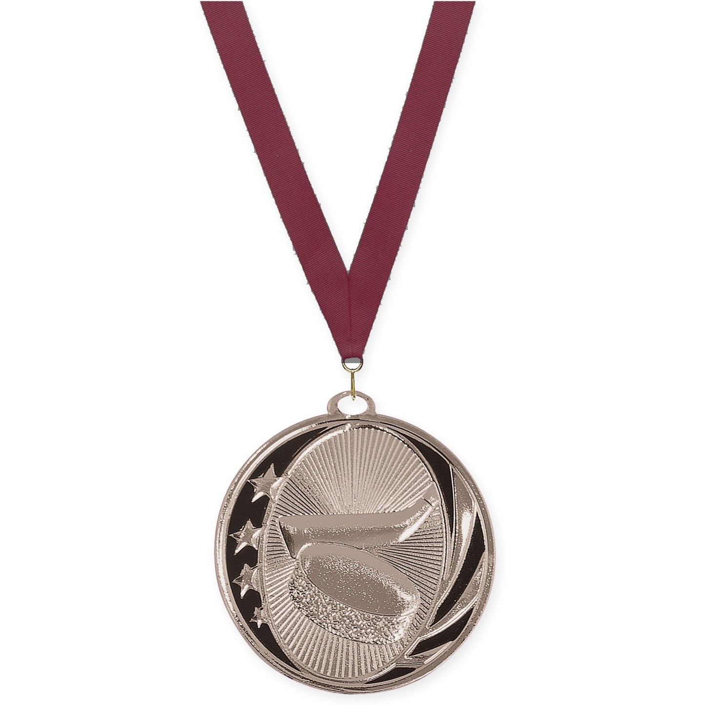 2 inch hockey MidNite Star medal in bright silver with Maroon neck ribbon