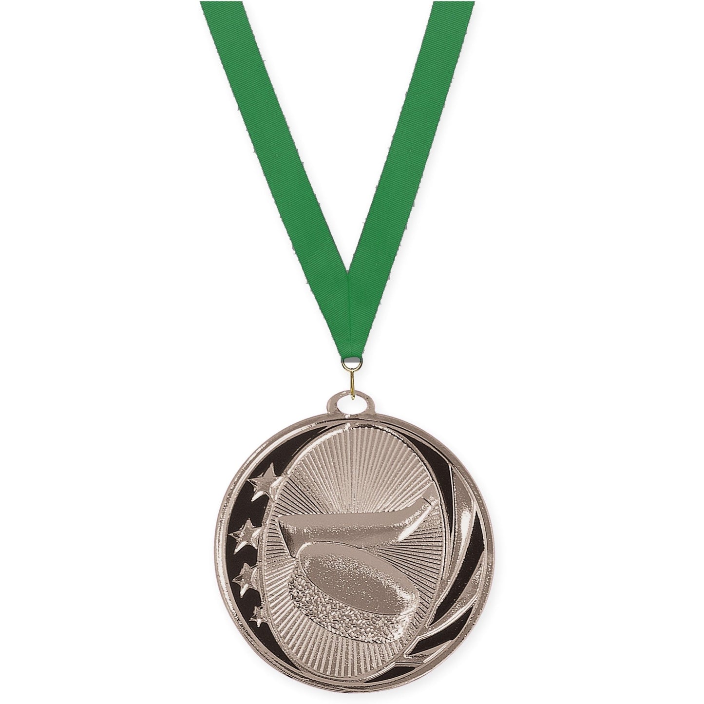 2 inch hockey MidNite Star medal in bright silver with Green neck ribbon