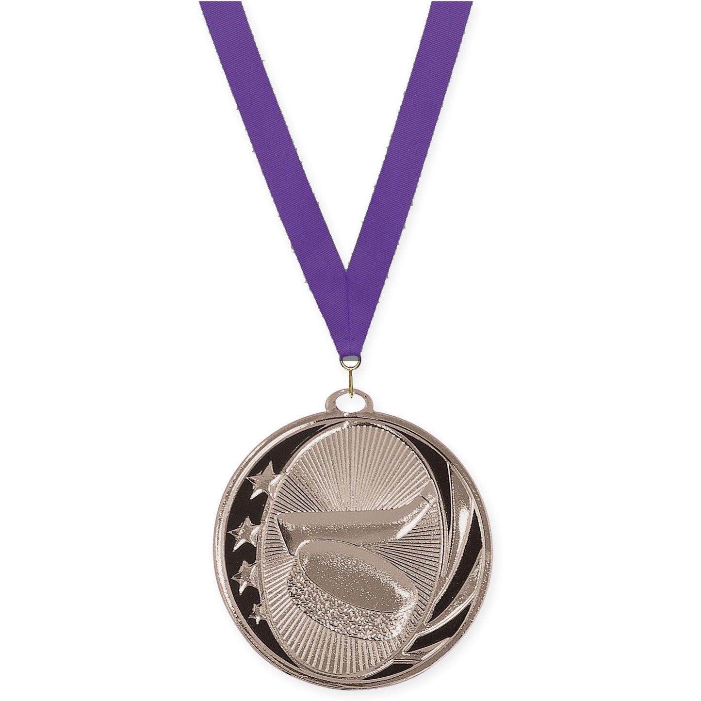 2 inch hockey MidNite Star medal in bright silver with Purple neck ribbon