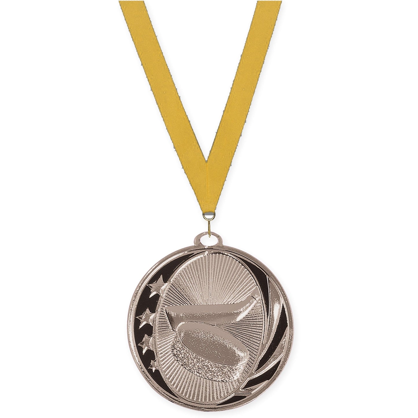 2 inch hockey MidNite Star medal in bright silver with Gold neck ribbon