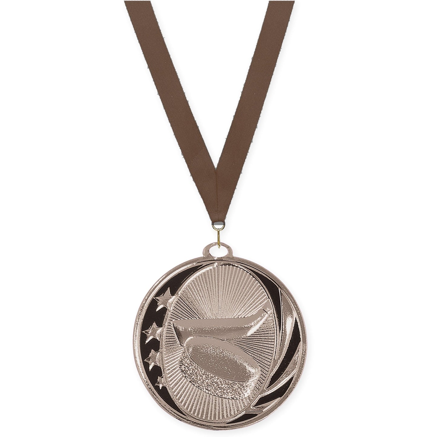 2 inch hockey MidNite Star medal in bright silver with Brown neck ribbon