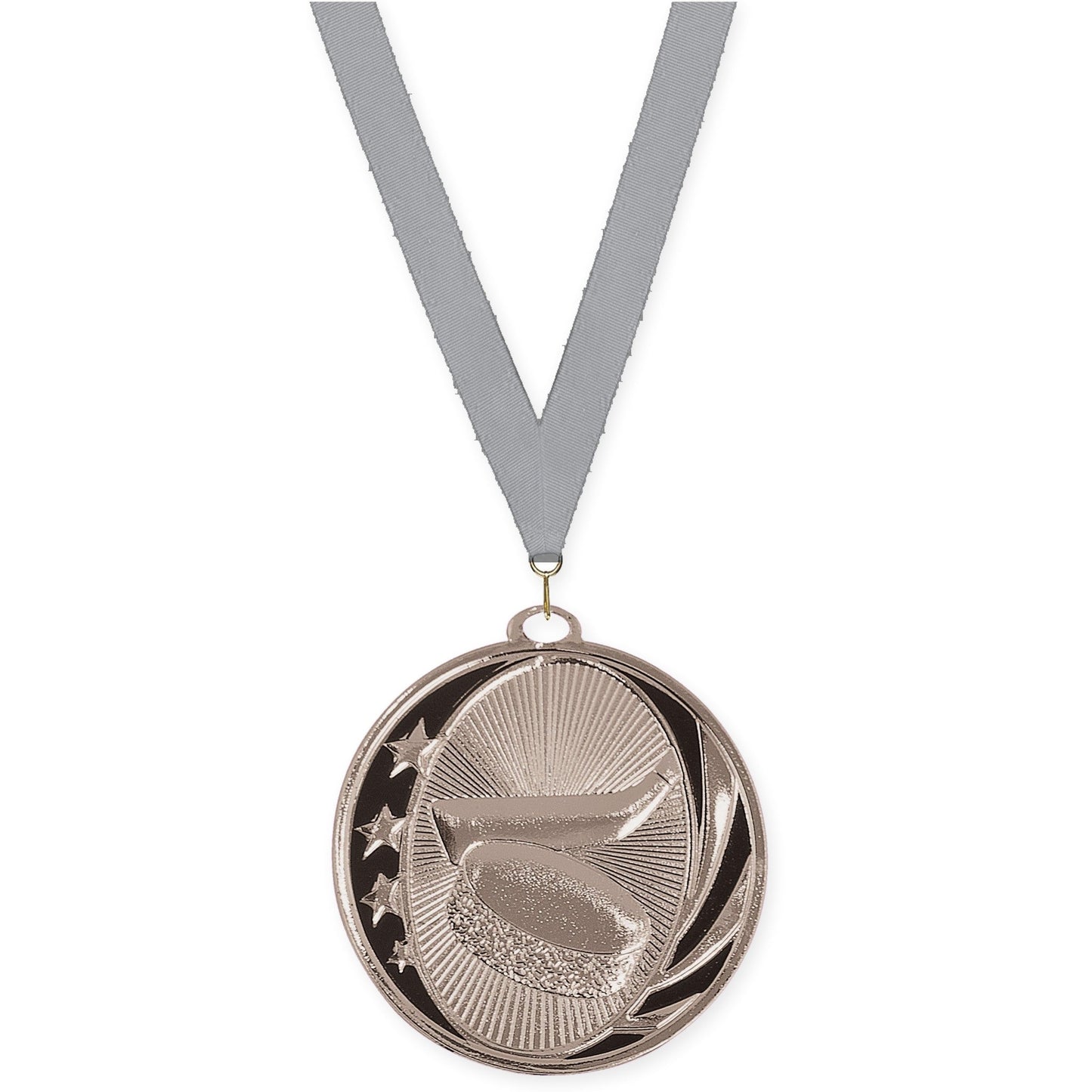 2 inch hockey MidNite Star medal in bright silver with Gray neck ribbon