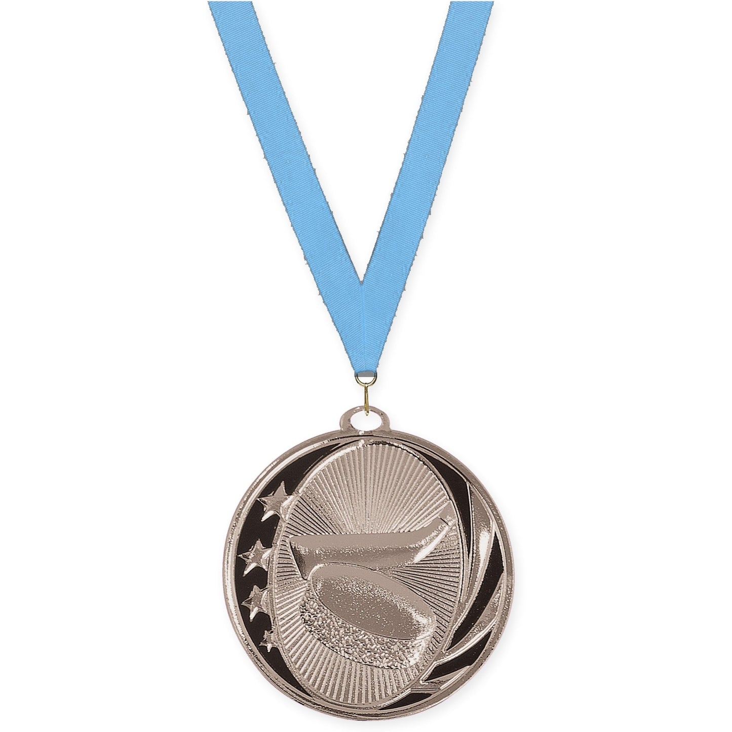 2 inch hockey MidNite Star medal in bright silver with Light Blue neck ribbon
