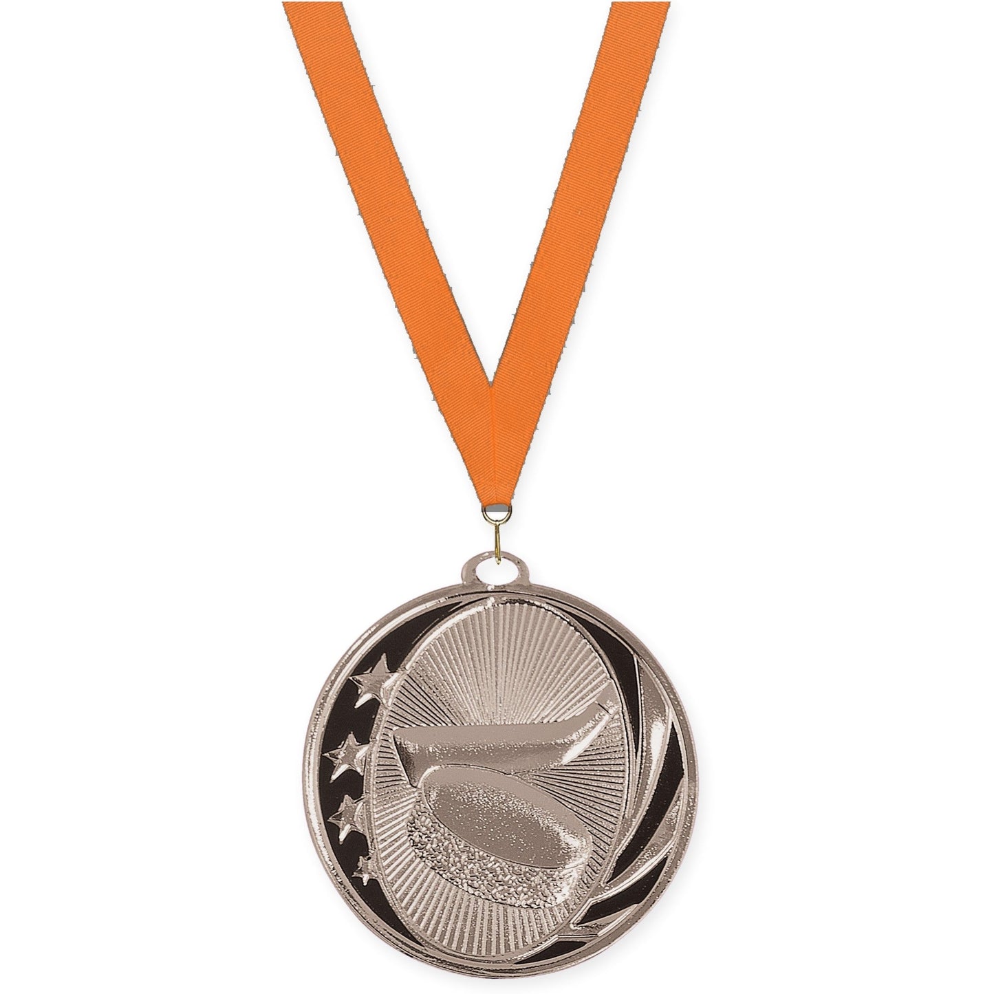 2 inch hockey MidNite Star medal in bright silver with Orange neck ribbon