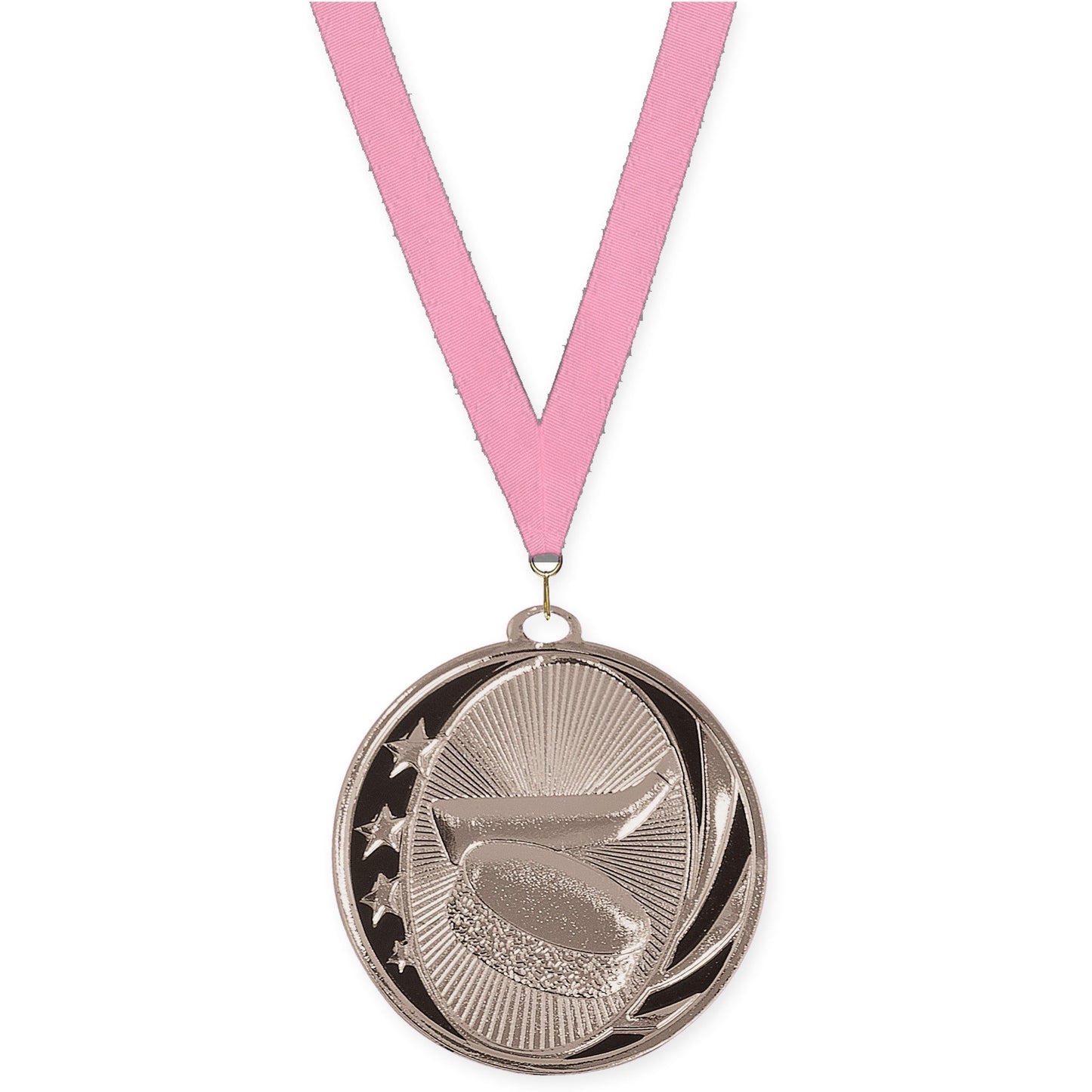 2 inch hockey MidNite Star medal in bright silver with Pink neck ribbon