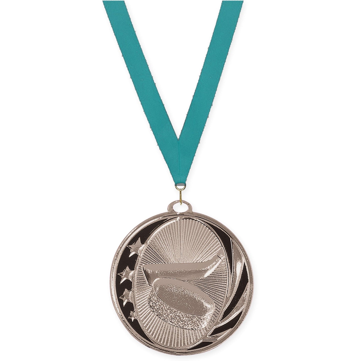 2 inch hockey MidNite Star medal in bright silver with Teal neck ribbon