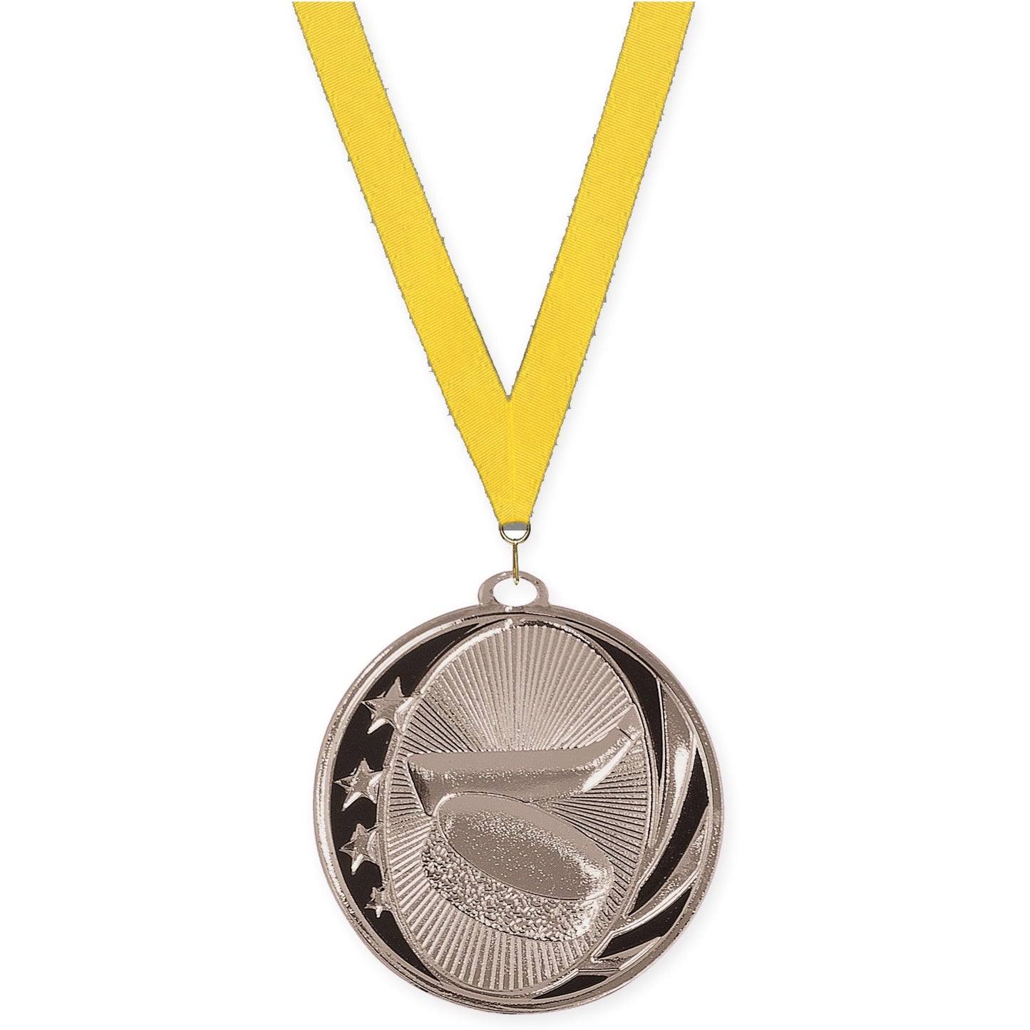 2 inch hockey MidNite Star medal in bright silver with Yellow neck ribbon