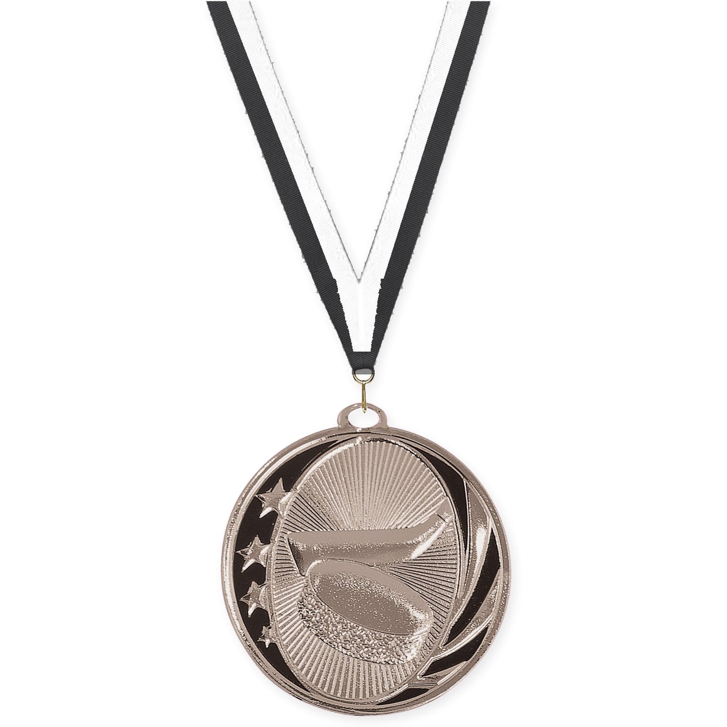 2 inch hockey MidNite Star medal in bright silver with Black White neck ribbon