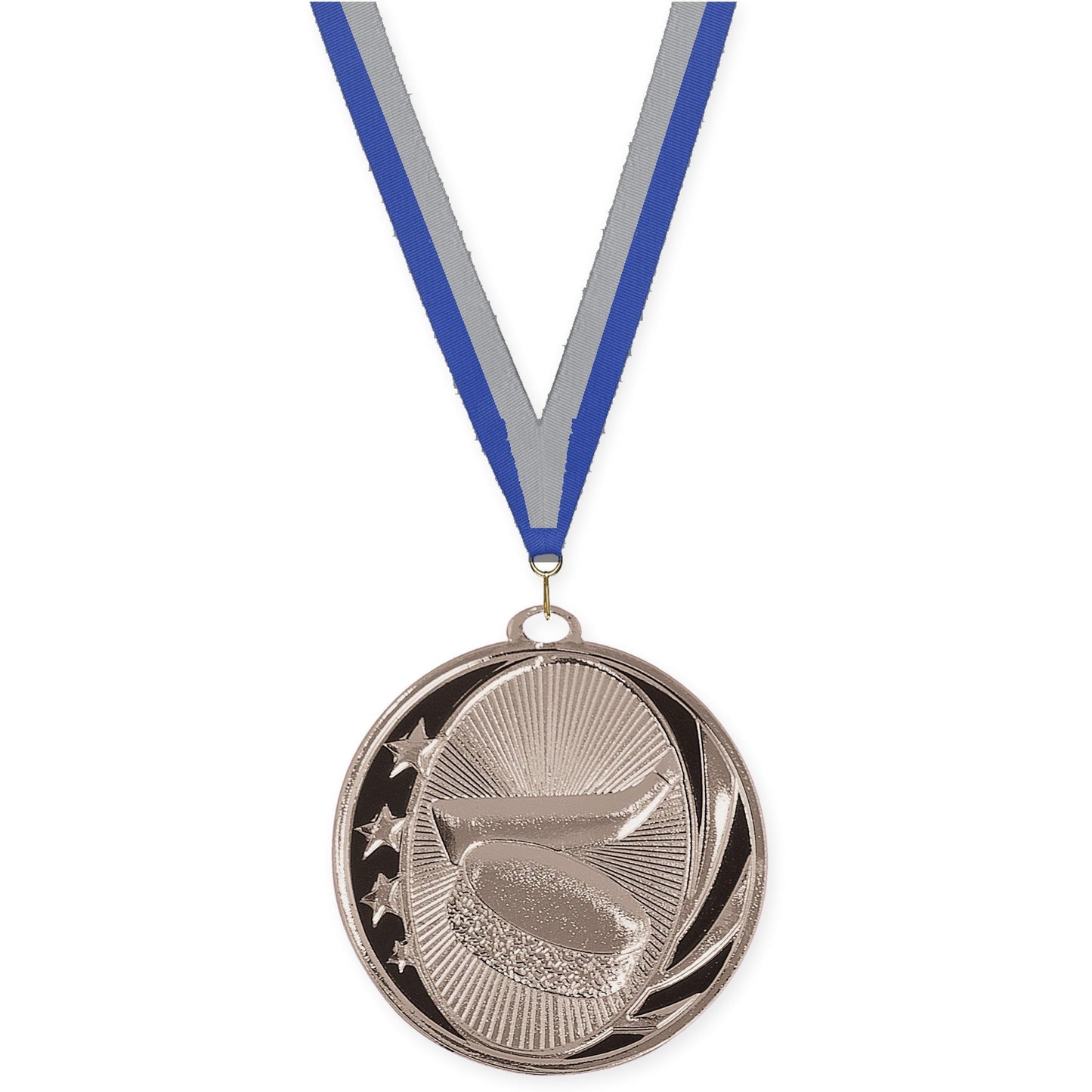 2 inch hockey MidNite Star medal in bright silver with Blue Gray neck ribbon