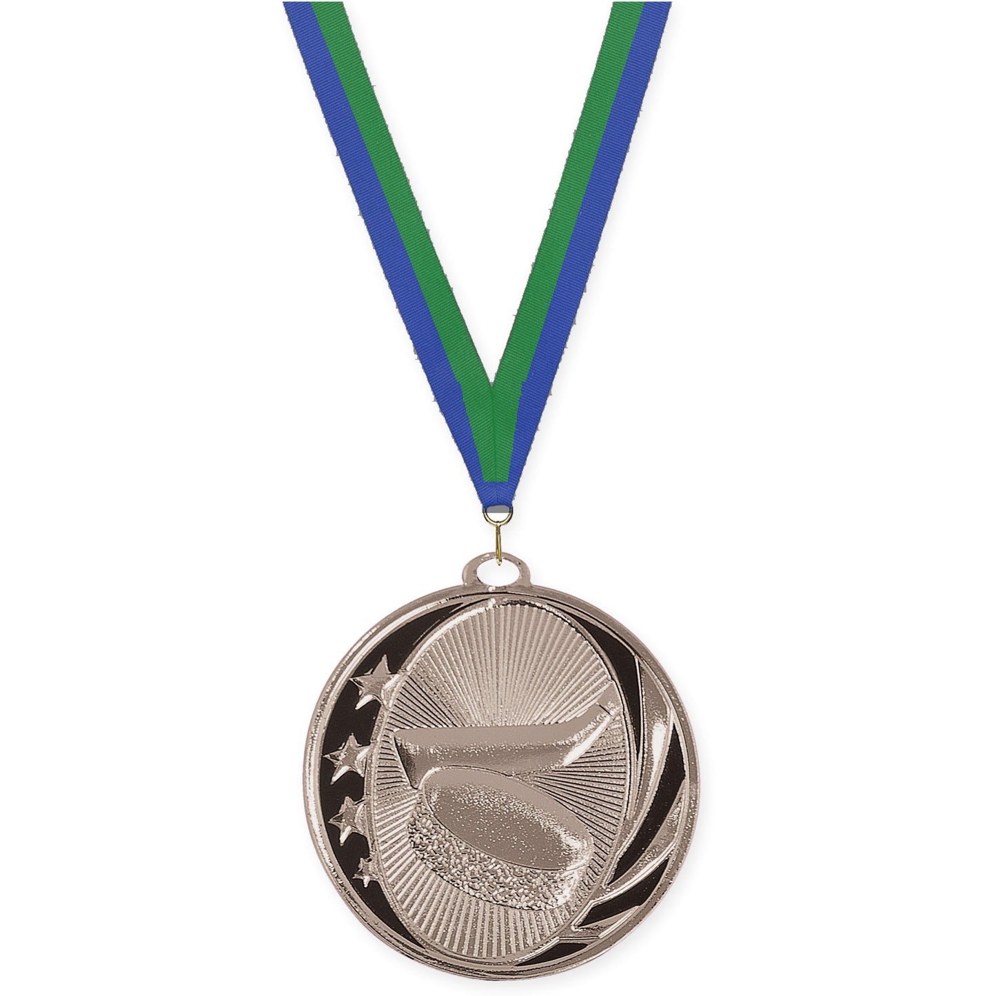 2 inch hockey MidNite Star medal in bright silver with Blue Green neck ribbon