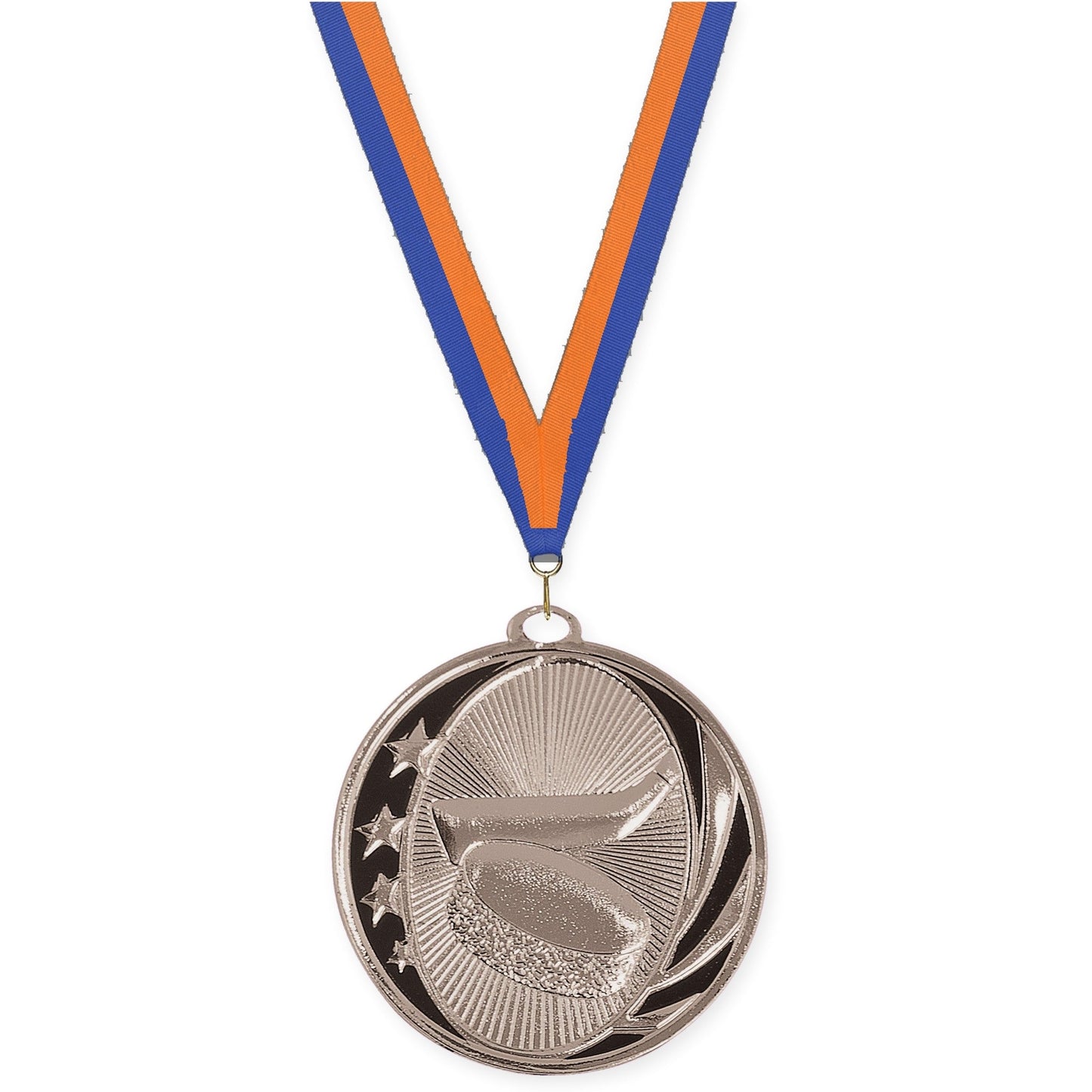 2 inch hockey MidNite Star medal in bright silver with Blue Orange neck ribbon