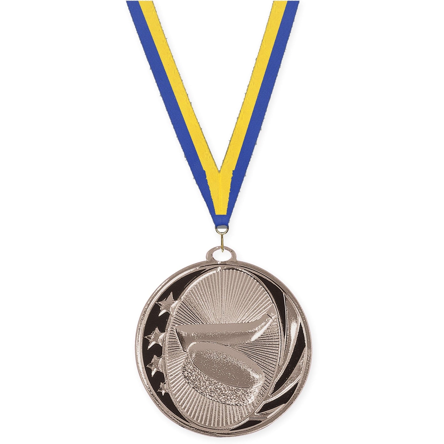 2 inch hockey MidNite Star medal in bright silver with Blue Yellow neck ribbon