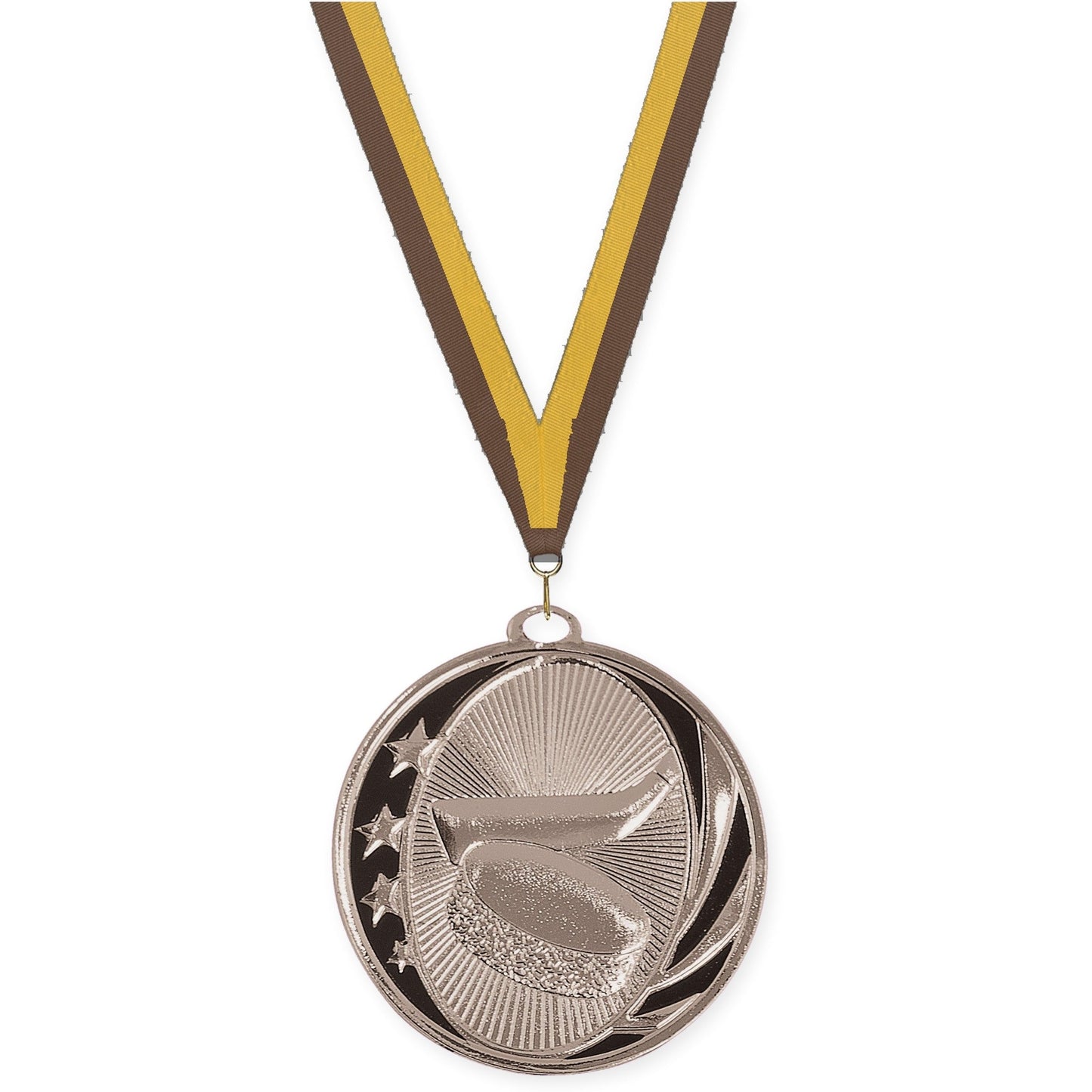 2 inch hockey MidNite Star medal in bright silver with Brown Gold neck ribbon
