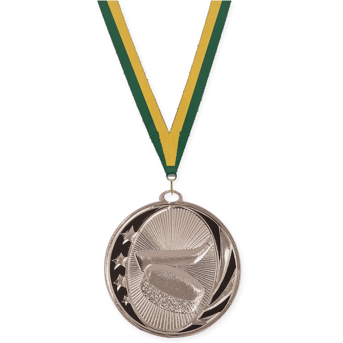 2 inch hockey MidNite Star medal in bright silver with Hunter Green Gold neck ribbon
