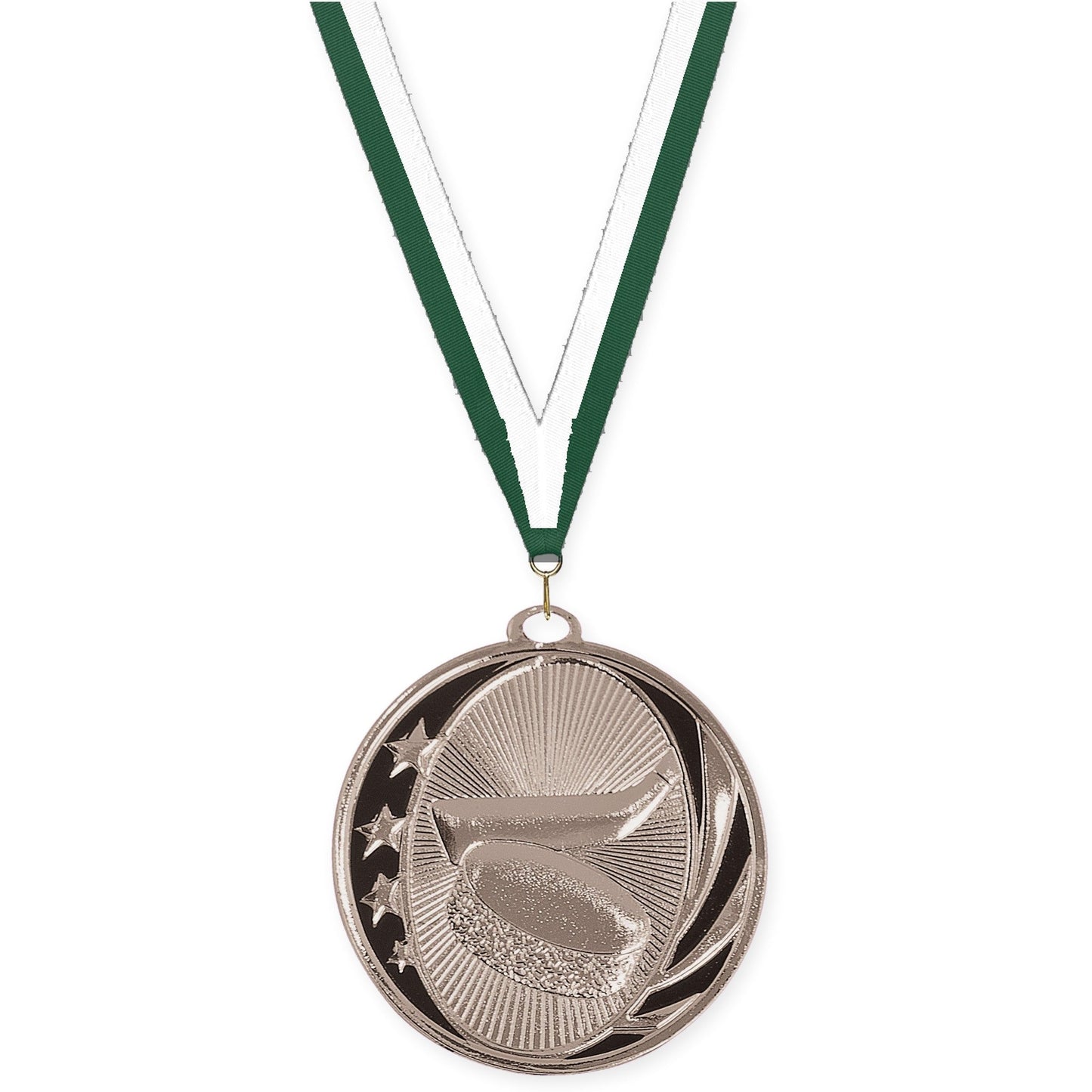 2 inch hockey MidNite Star medal in bright silver with Hunter Green White neck ribbon