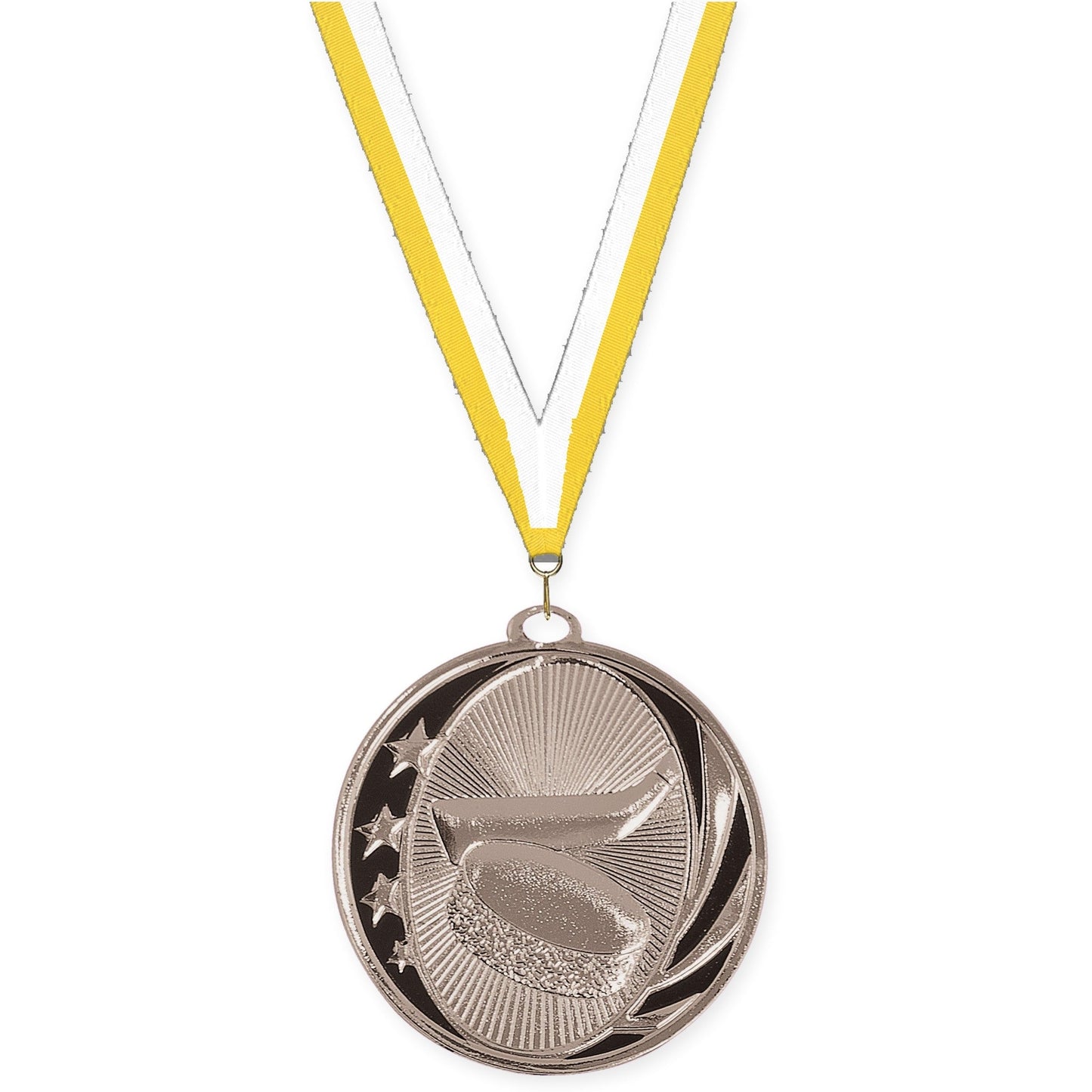 2 inch hockey MidNite Star medal in bright silver with Yellow White neck ribbon