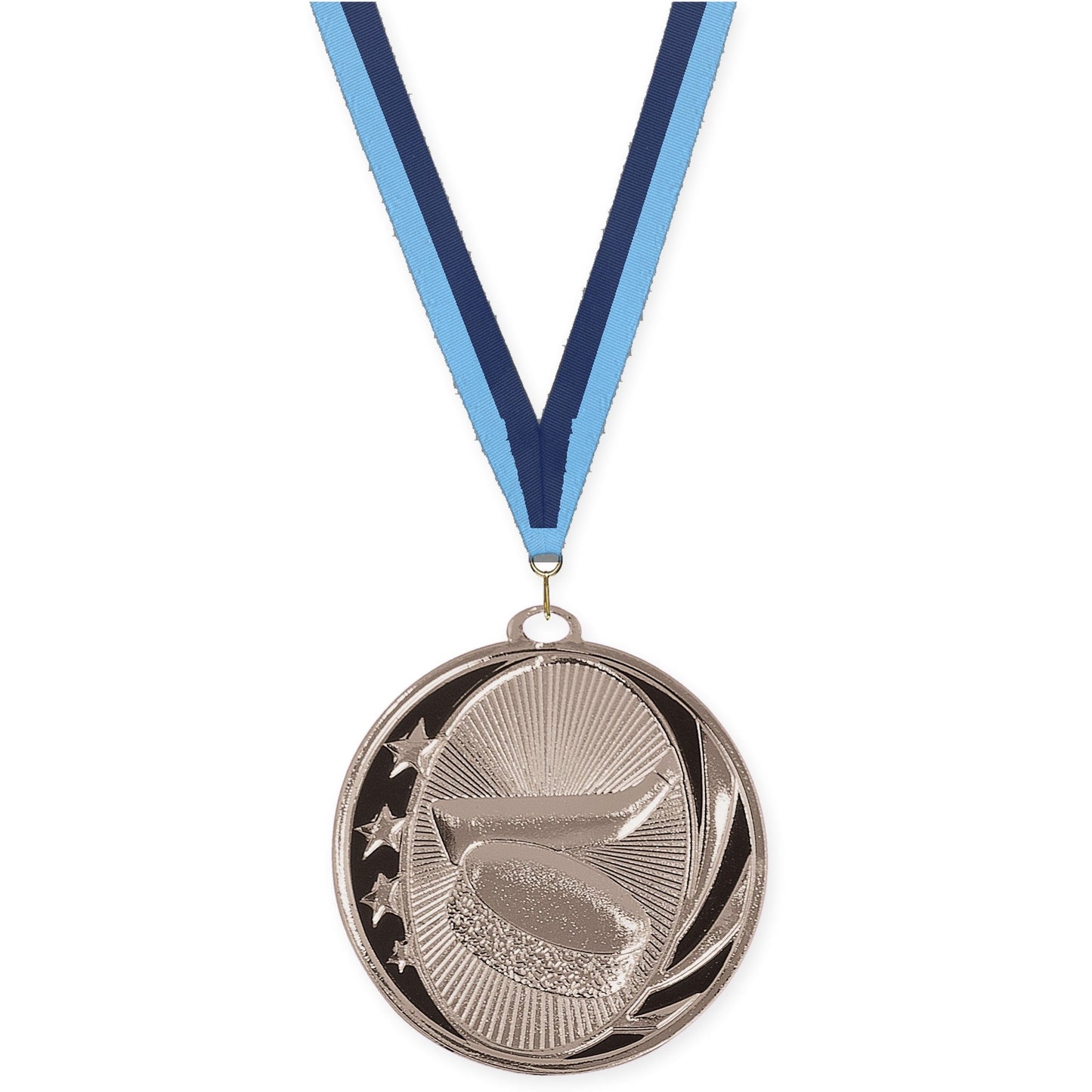 2 inch hockey MidNite Star medal in bright silver with Light Blue Navy neck ribbon