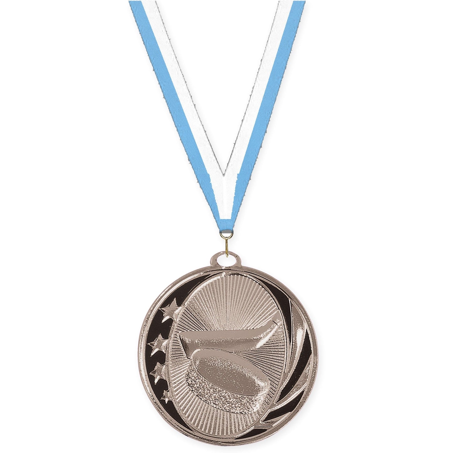 2 inch hockey MidNite Star medal in bright silver with Light Blue White neck ribbon