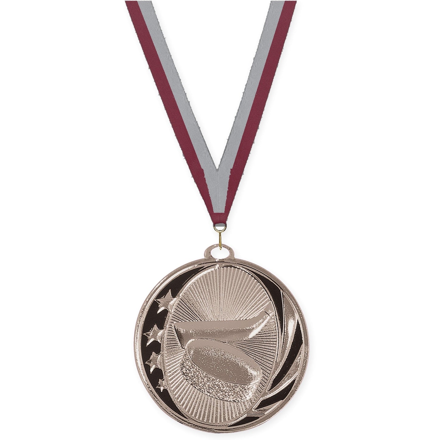2 inch hockey MidNite Star medal in bright silver with Maroon Gray neck ribbon
