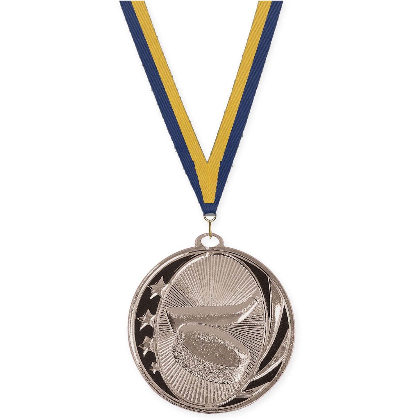 2 inch hockey MidNite Star medal in bright silver with Navy Gold neck ribbon