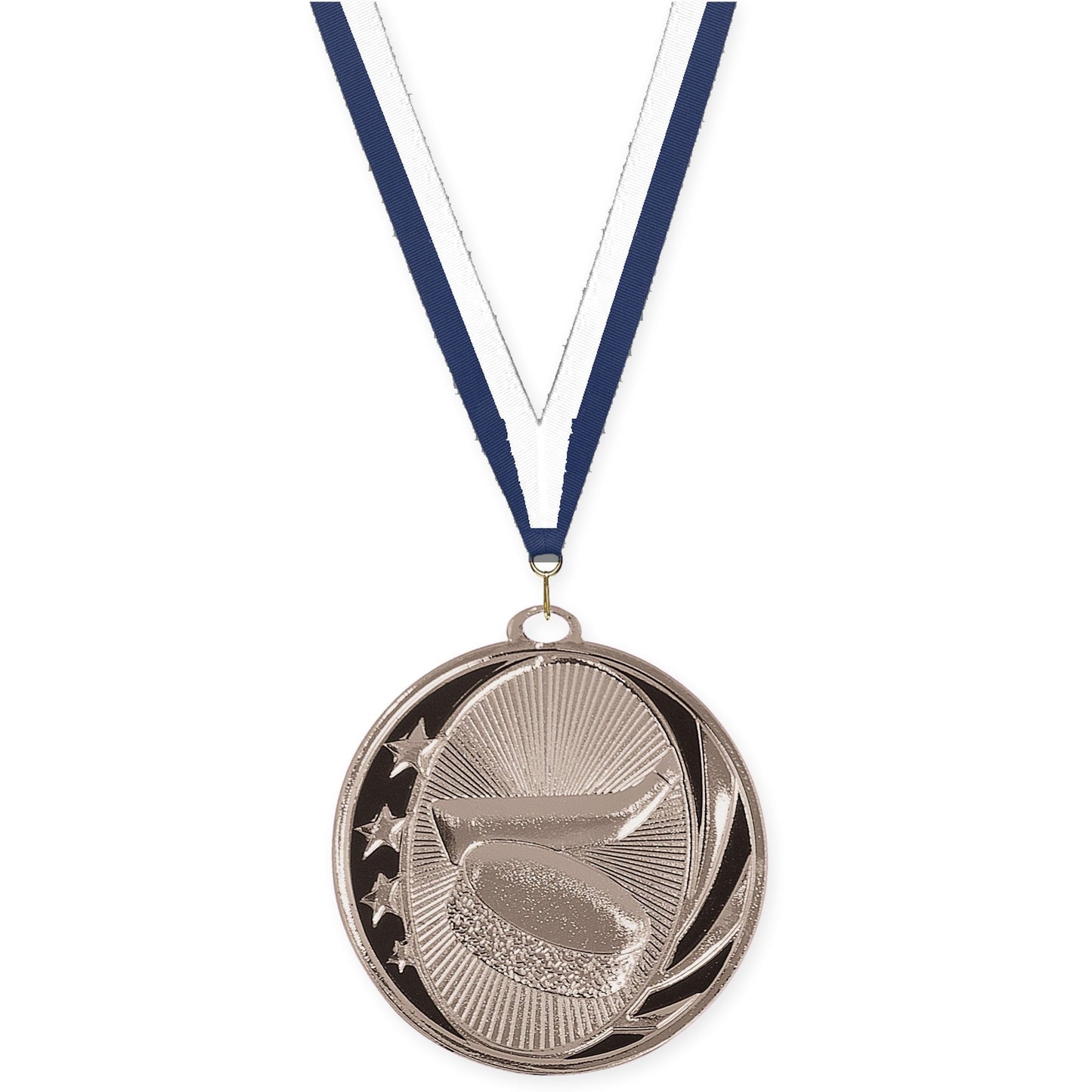 2 inch hockey MidNite Star medal in bright silver with Navy White neck ribbon