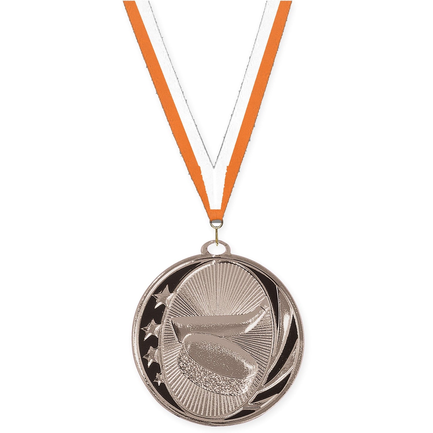 2 inch hockey MidNite Star medal in bright silver with Orange White neck ribbon