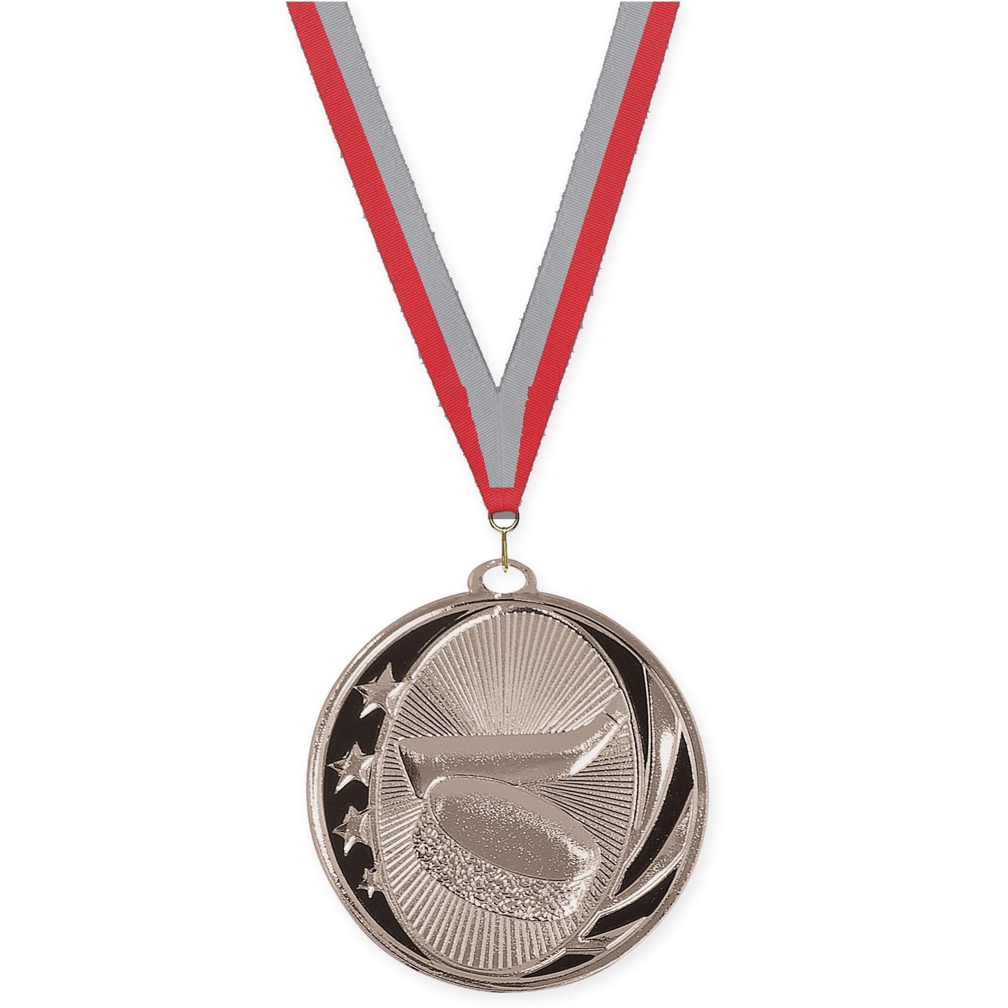 2 inch hockey MidNite Star medal in bright silver with Red Gray neck ribbon