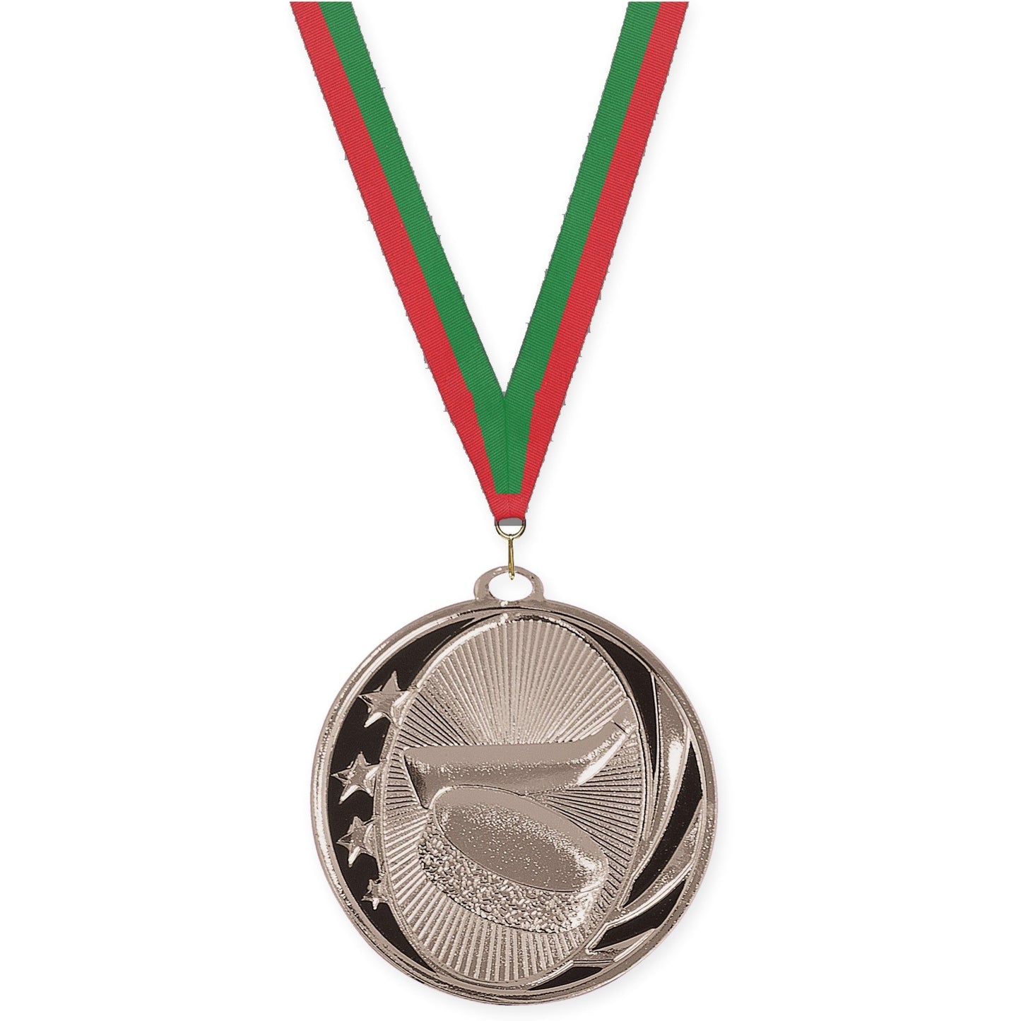 2 inch hockey MidNite Star medal in bright silver with Red Green neck ribbon