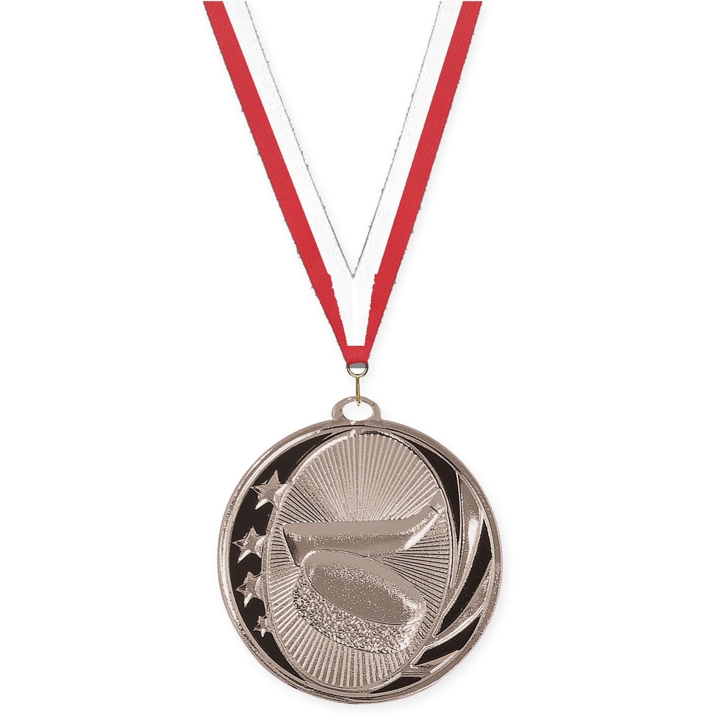 2 inch hockey MidNite Star medal in bright silver with Red White neck ribbon