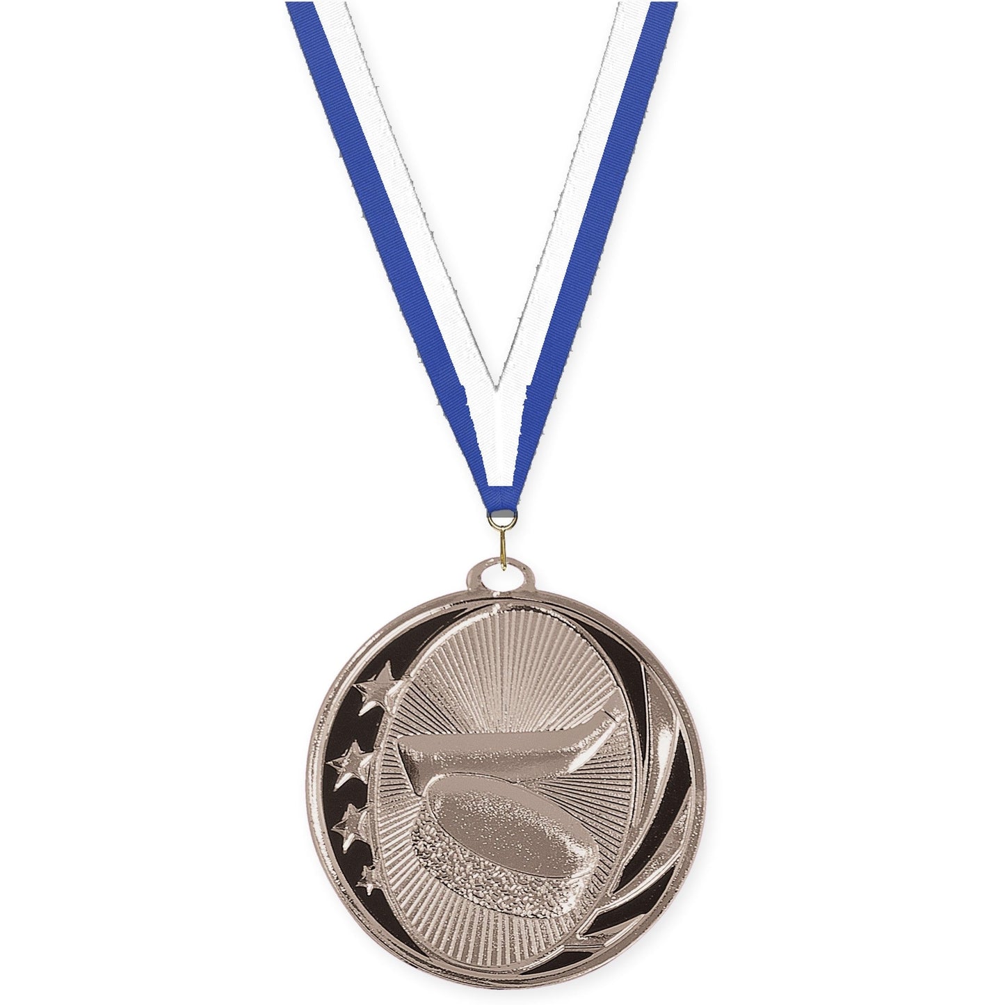 2 inch hockey MidNite Star medal in bright silver with Blue White neck ribbon