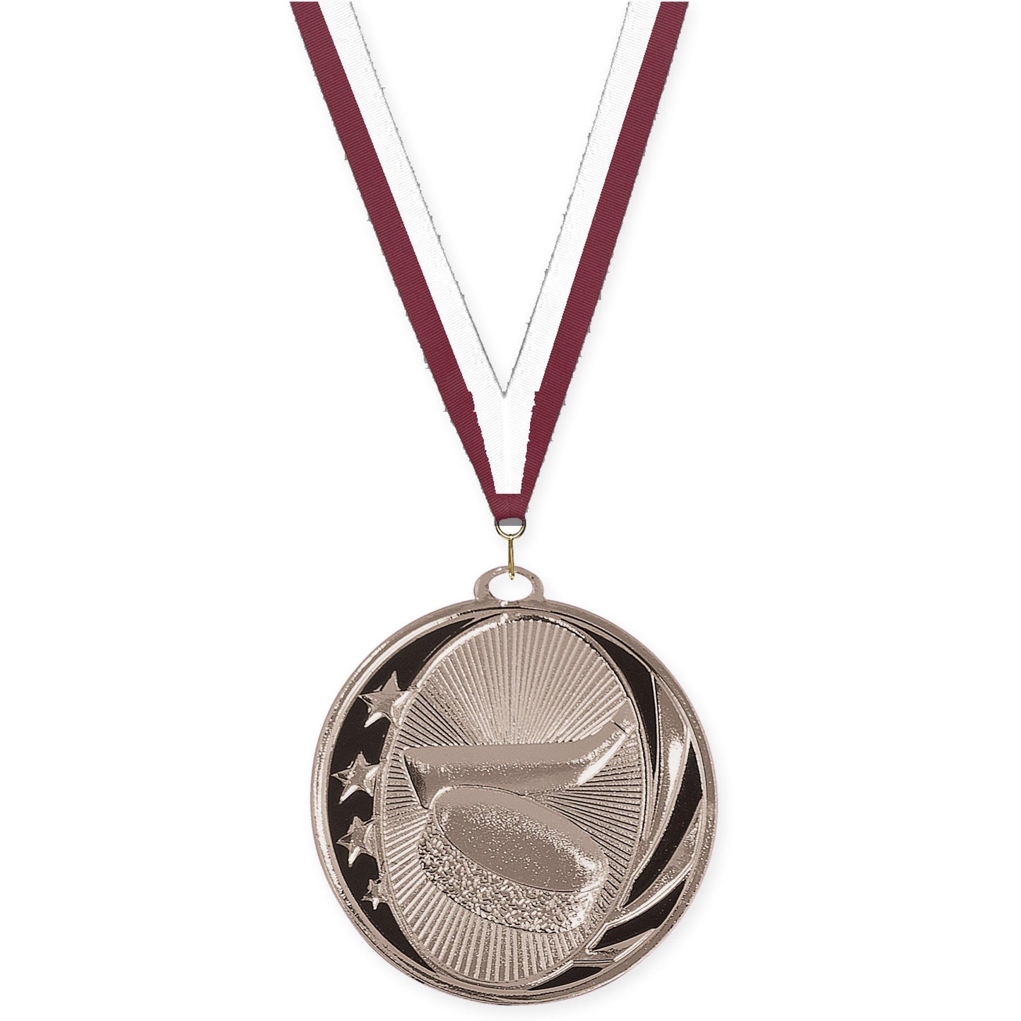 2 inch hockey MidNite Star medal in bright silver with Maroon White neck ribbon